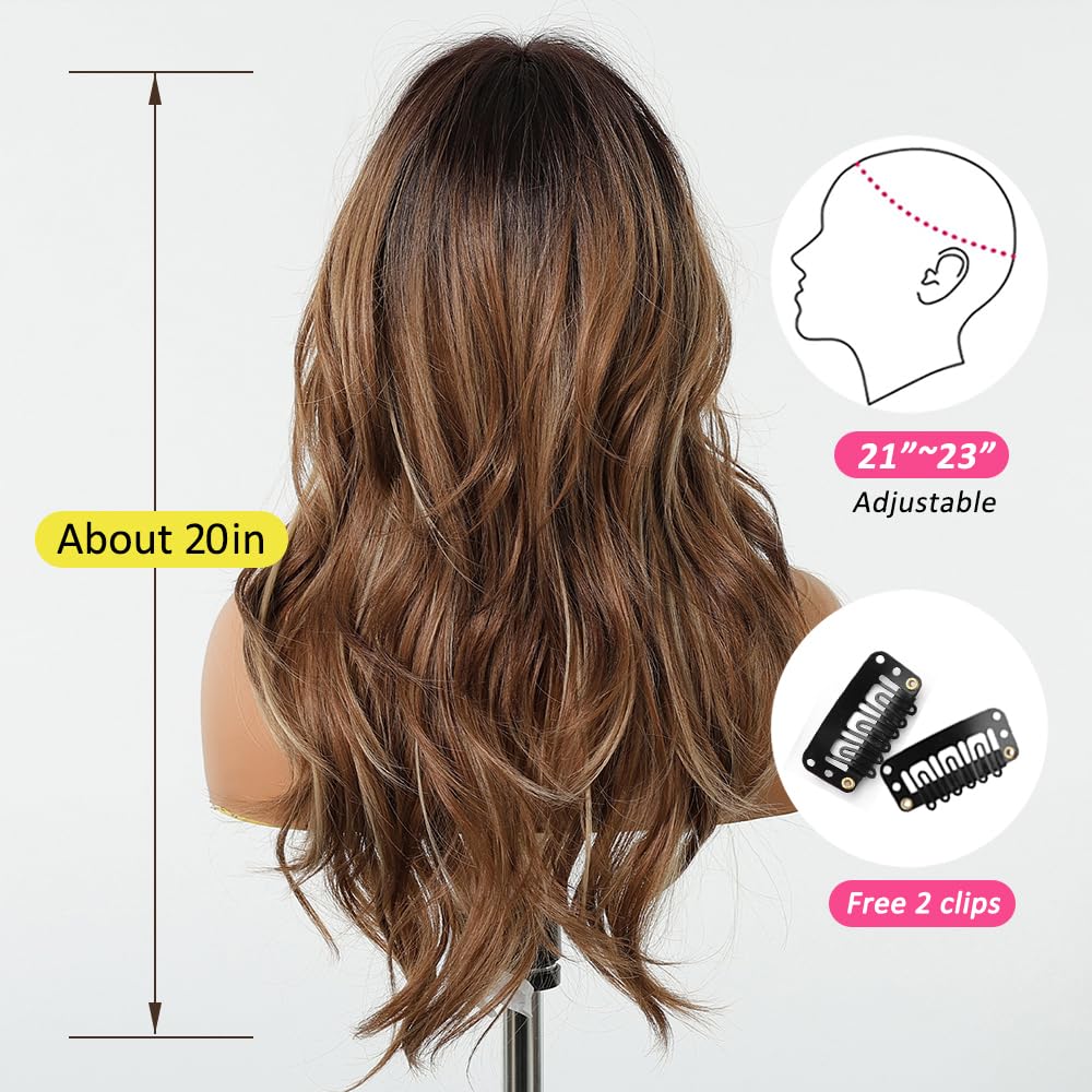 Longue Perruque mixte Brune avec Franges Perruques Ondulées Naturelles pour Femmes Cheveux Synthétiques Naturels Perruques Résistantes à La Chaleur pour La Fête Quotidienne Cosplay Wear