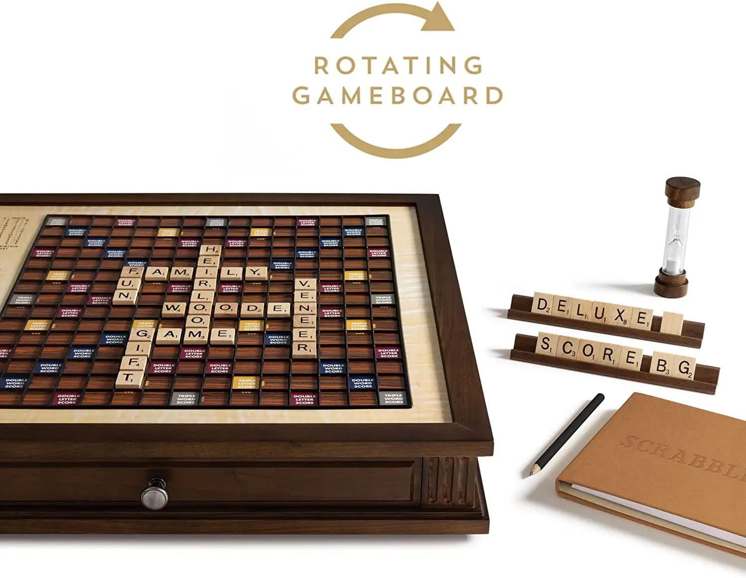 WS Game Company Scrabble Heirloom Edition with Rotating Solid Walnut Cabinet