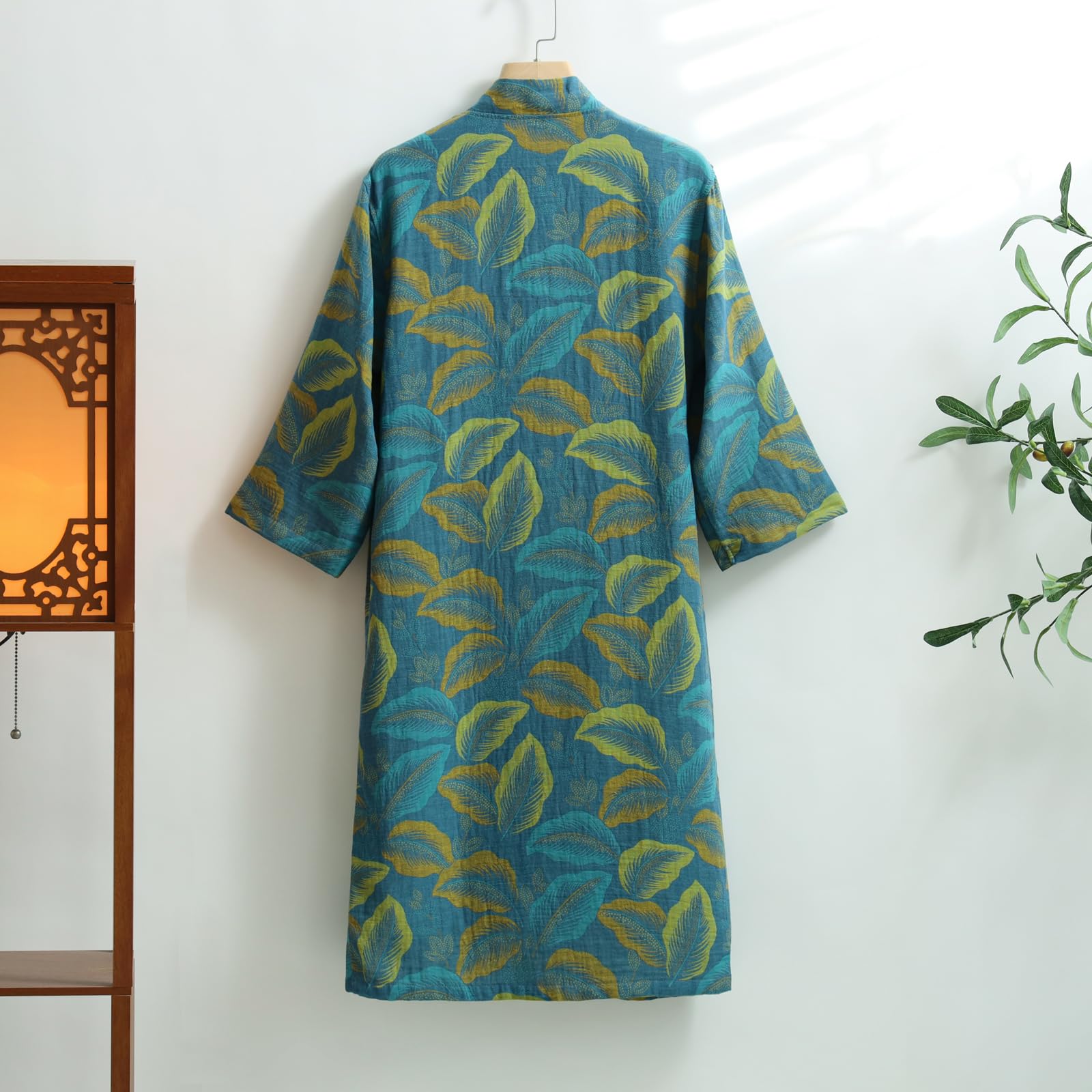 Damen Kimono-Bademantel aus Baumwoll-Jacquard, leicht, lockerer Morgenmantel, Spa-Sauna-Bademantel, Bedruckt, japanische Nachtwäsche,Blau,XL