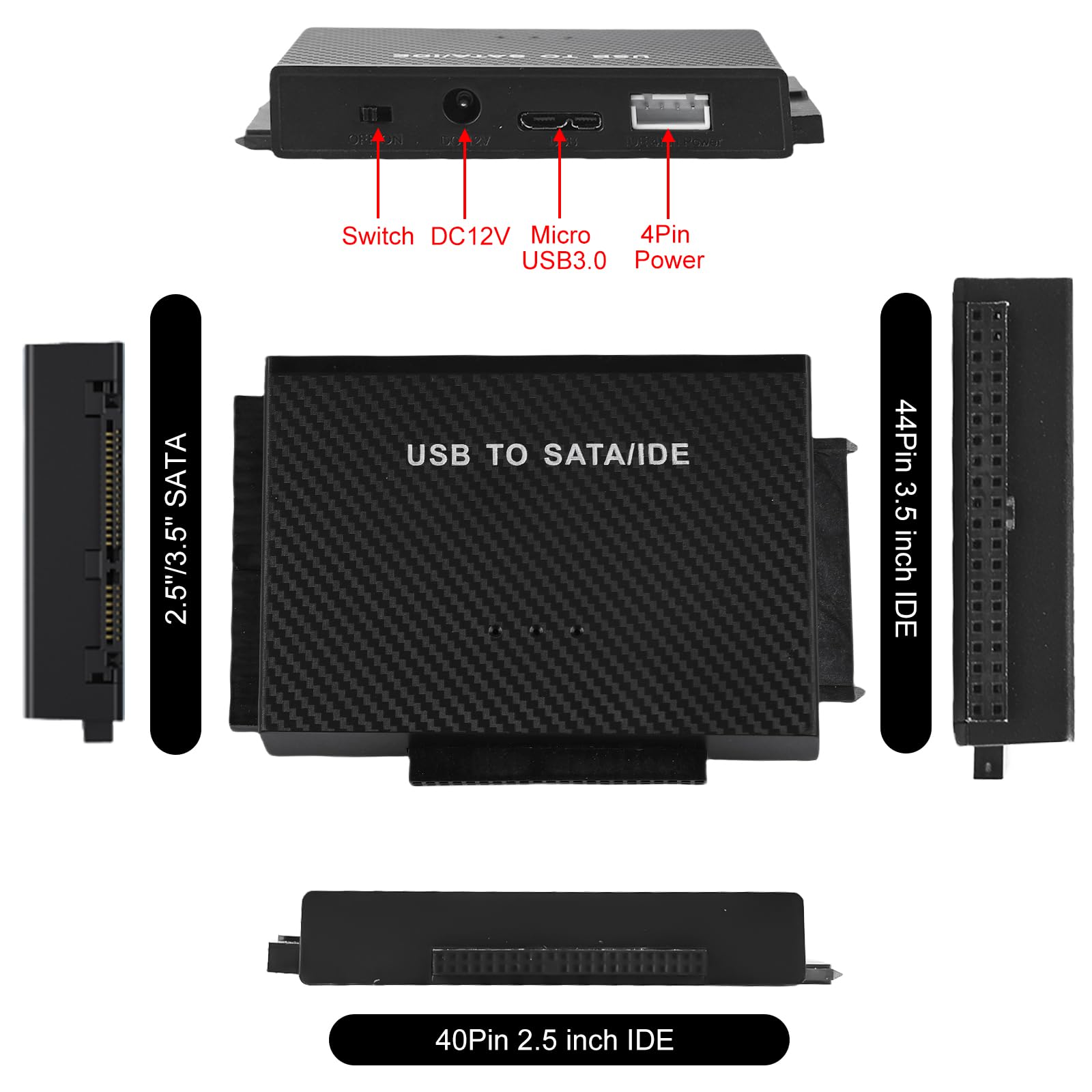 Adattatore USB 3.0 a SATA IDE per sare 2,5/3,5 pollici e IDEHDD/SSD, adattatore per disco rigido esterno con cavo usb e cavo SATA e alimentatore da 12 V/2 A