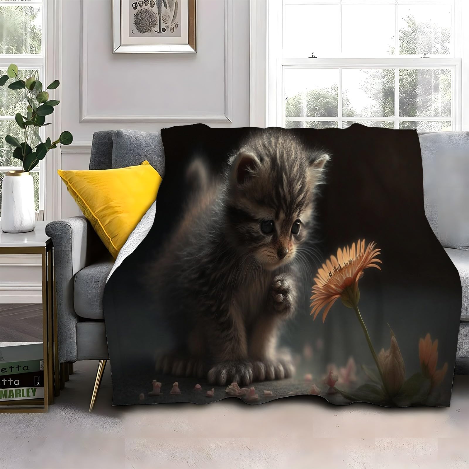 LLSZAHD Grey Cat Blanket, Orange Chrysanthemums Throw Blanket, Thick Warm Fuzzy Washable Flannel Blanket for Sofa, Chair, Car, Lap, Pets, excellent gift (30"x40")