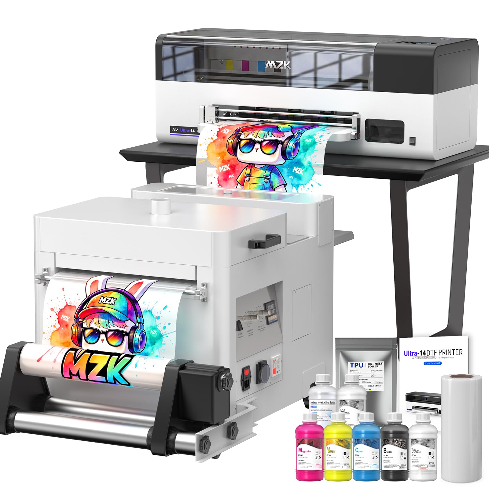 MZK 14''A3 DTF Printer Bundle With F1080 Printhead,2X Speed vs L1800/R1390,One-Click Printhead Moisturizing+24/7 Auto-Cleaning+White Circulation+Ink Anti-Clog Design,5" Smartscreen,2-Year Ink Included
