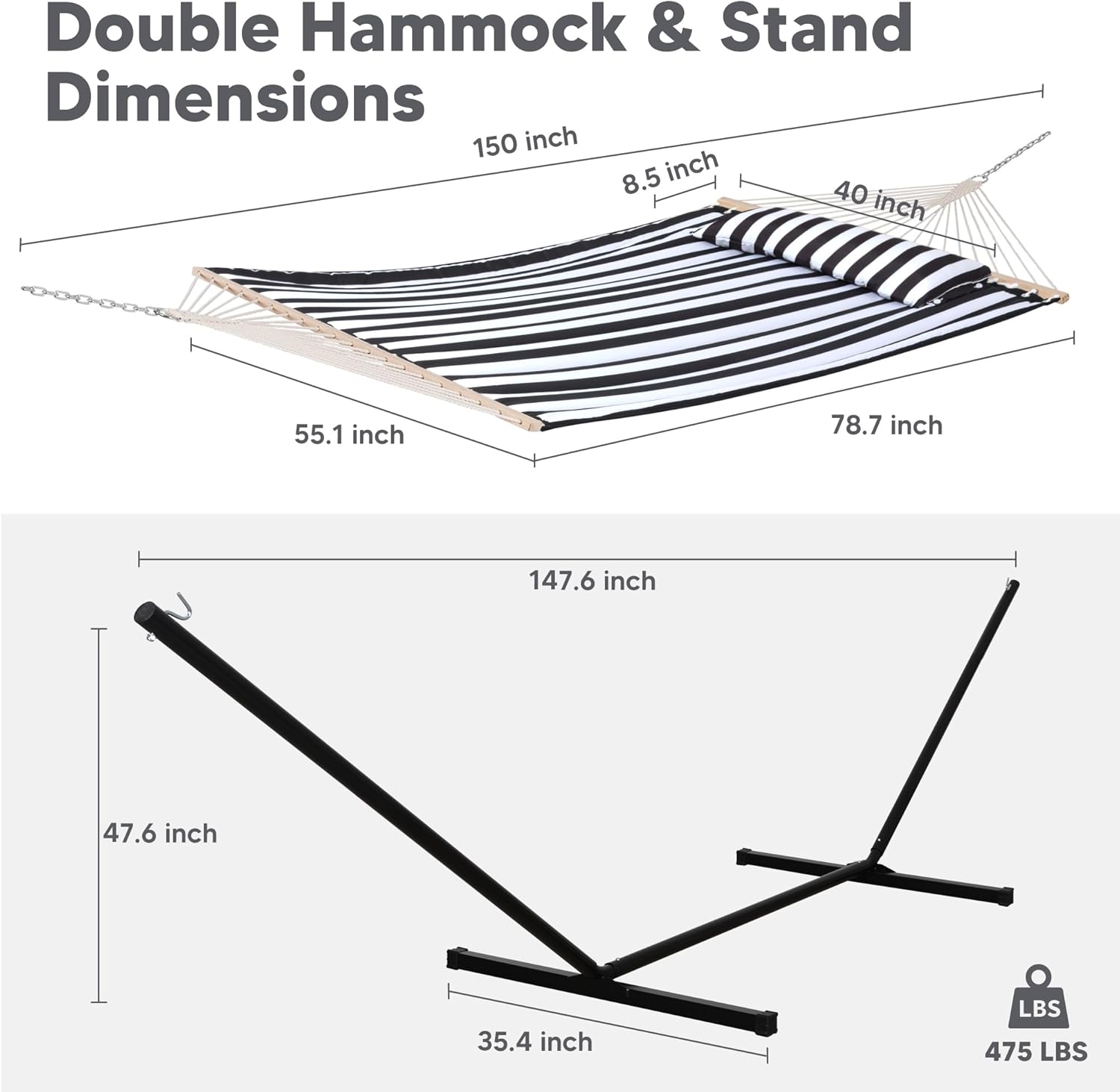 SUNCREAT Double Outdoor Hammock with Stand Included, 475 lbs Capacity, Carrying Bag Hammock and Stand Storage Bag