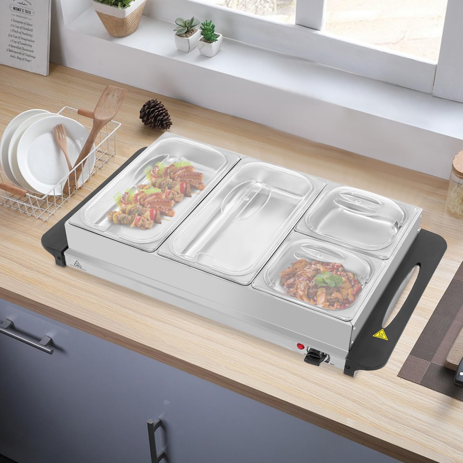 Scaldabagno a buffet in argento, con 4 vassoi estraibili e piastra di mantenimento in caldo, temperatura regolabile, per buffet, eventi di catering, sale da pranzo dell'hotel, 65 x 38,5 cm, 6,5 cm