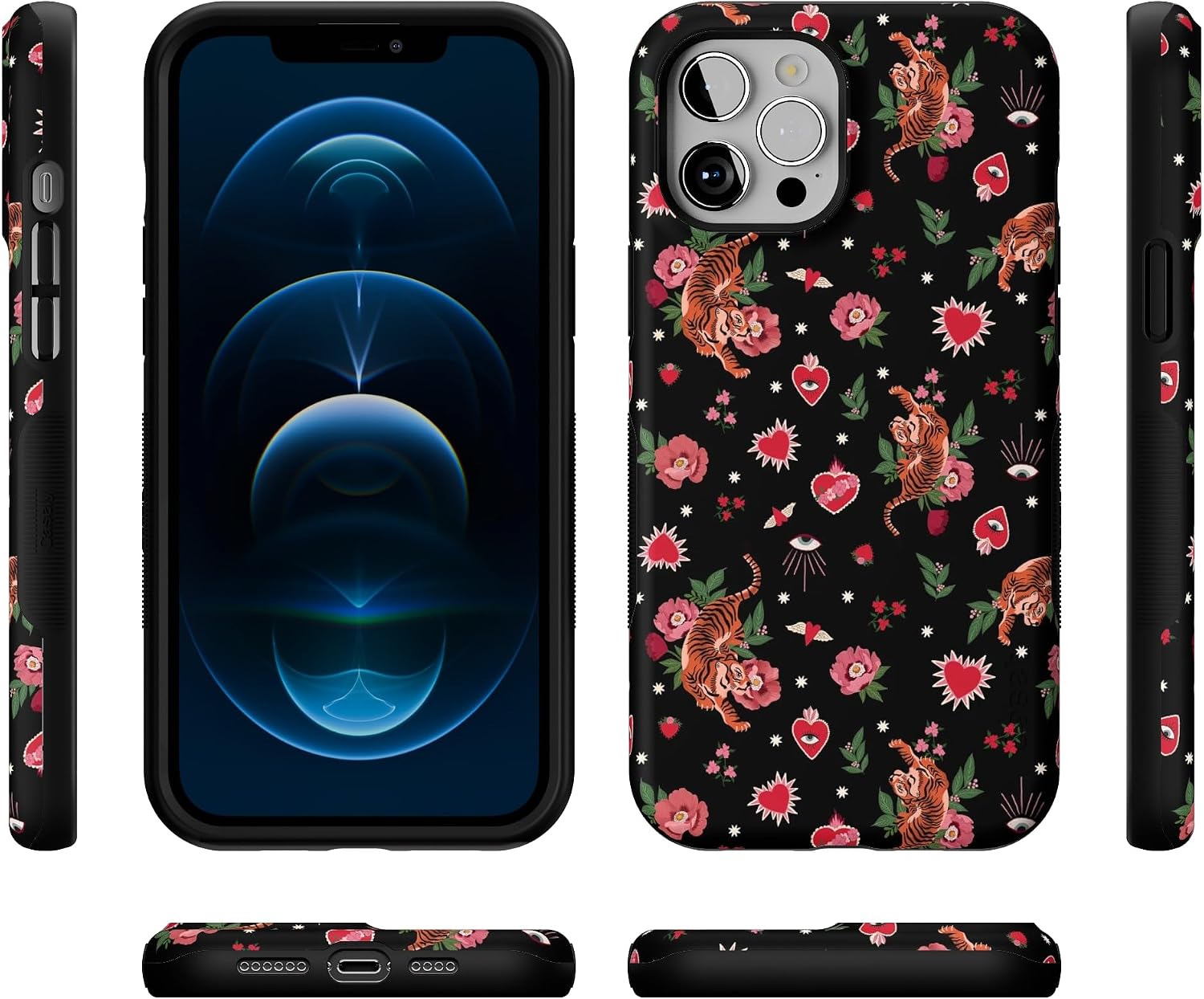 Casely iPhone 12 Pro Max Case | Wild at Heart | Tattooed Tigers, Flowers and Sacred Hearts with Evil Eye | Bold Protective Design | MagSafe Compatible