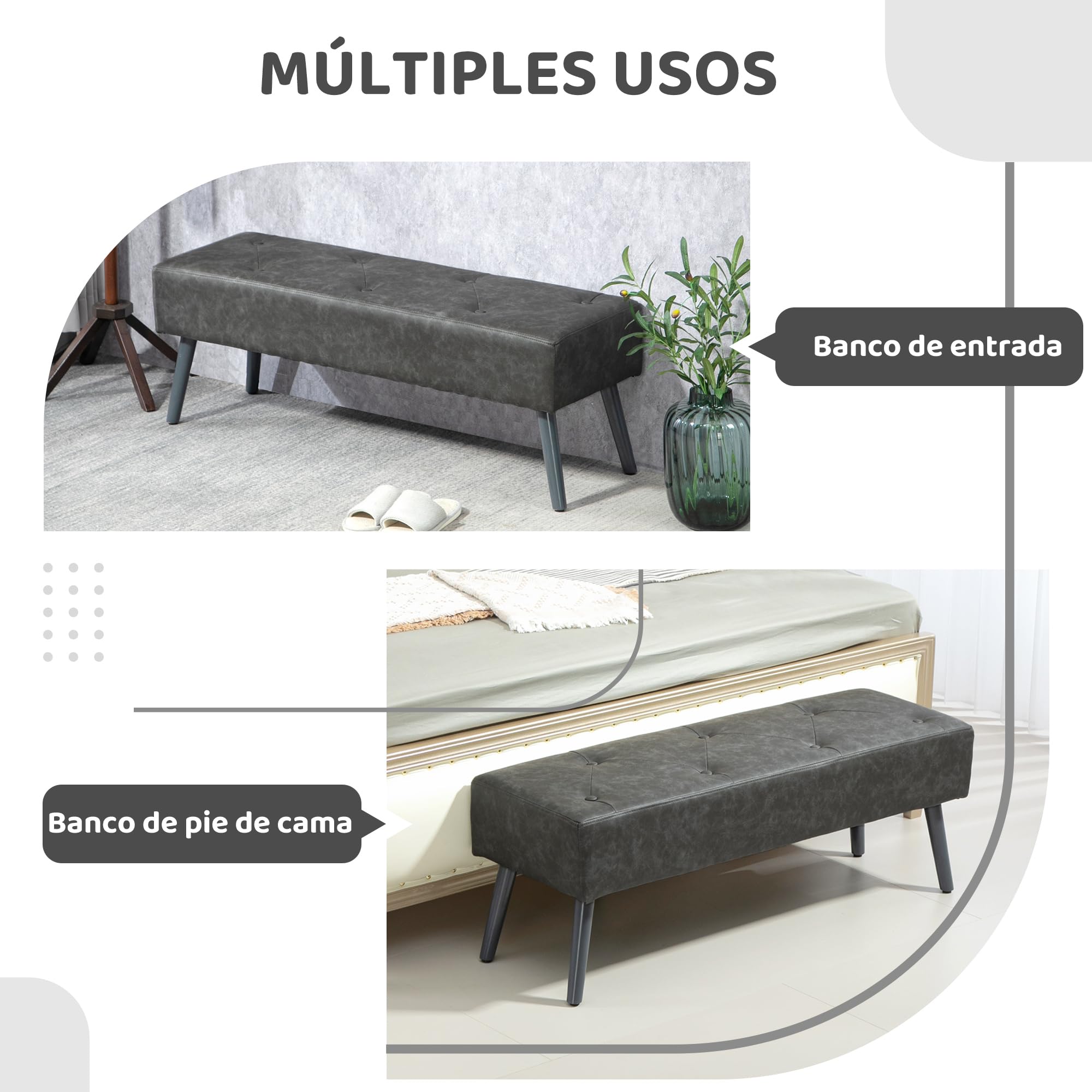HOMCOM Taburete Pie de Cama Multifuncional Banco Pie de Cama Clásico Banqueta de Dormitorio con Pies de Madera y Asiento Acolchado Carga 220 kg para Entrada Pasillo 114x38x42 cm Gris