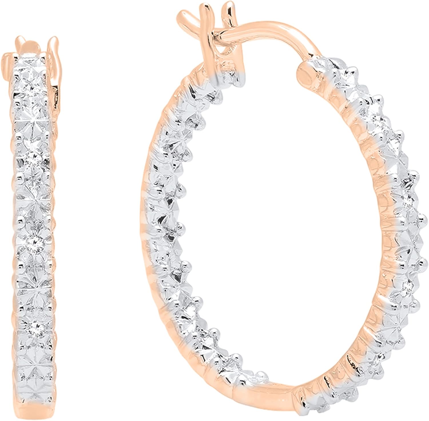 Dazzlingrock Collection 0.06 Ctw Round Natural Diamond Illusion Set Dazzling Pair Hinged Post Hoop Earrings for Women in Real Solid Gold