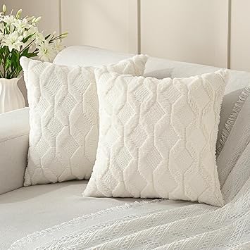 Volcanics Pack of 2 Faux Wool Throw Pillow Covers 18x18 Inches Decorative Farmhouse Velvet Couch Pillow Case Soft Plush Square Boho Cushion Pillowcase, Cream Beige