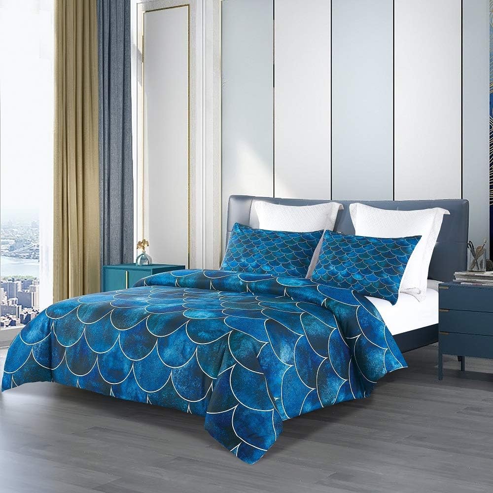 KINBEDY Blue Geometric Fish Scale Pattern Mermaid Duvet Cover Set Queen Size for Kids Girls Women Bedding Sets Soft Microfiber Lightweight Marine Life Decorative Bedding