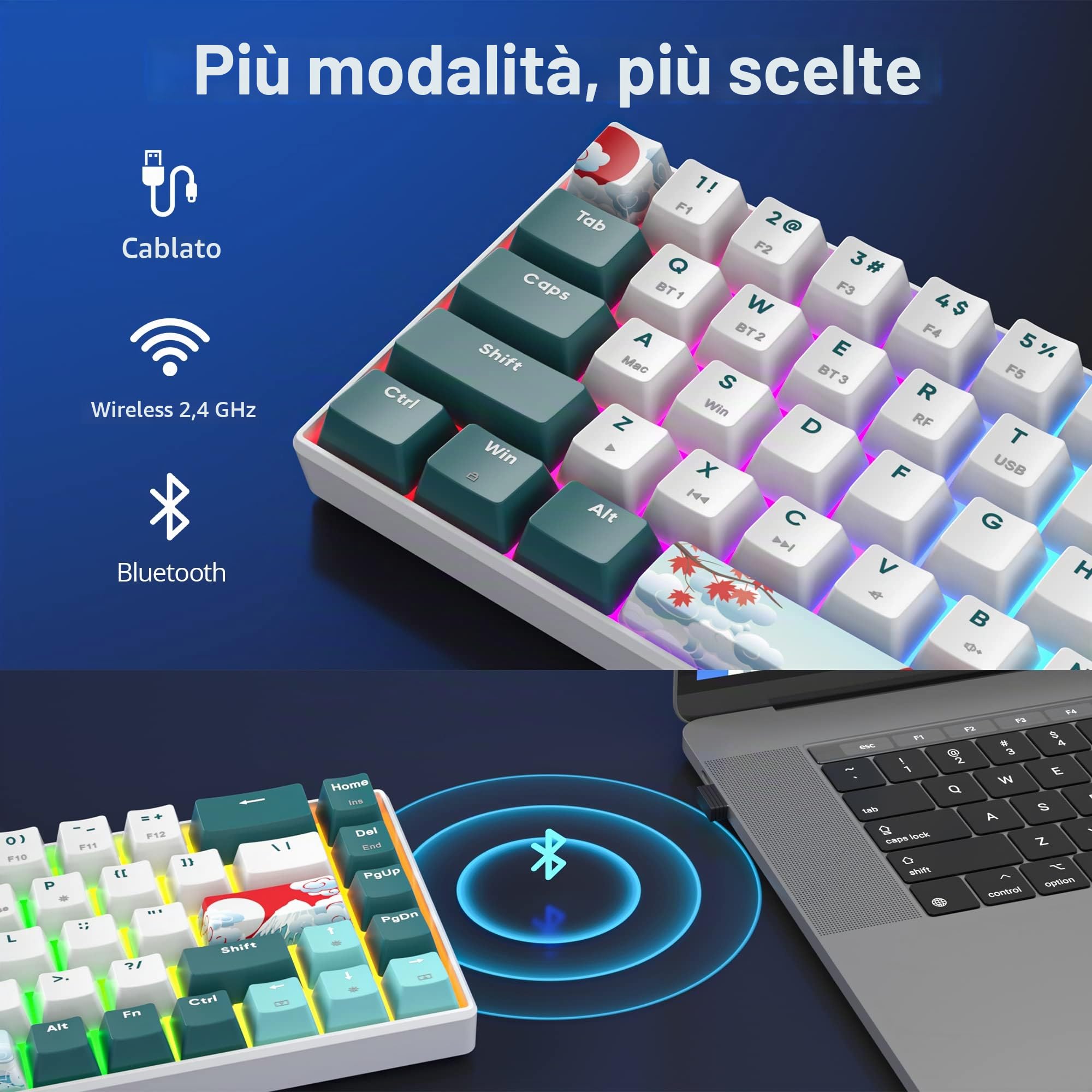 SOLIDEE tastiera meccanica RGB wireless 65%,tastiera Bluetooth 5.0/2.4Ghz/cablata a 3 modalità,68 tasti retroilluminazione RGB,mechanical keyboard hot swappable con Gateron Yellow Switchs(68 Forest)