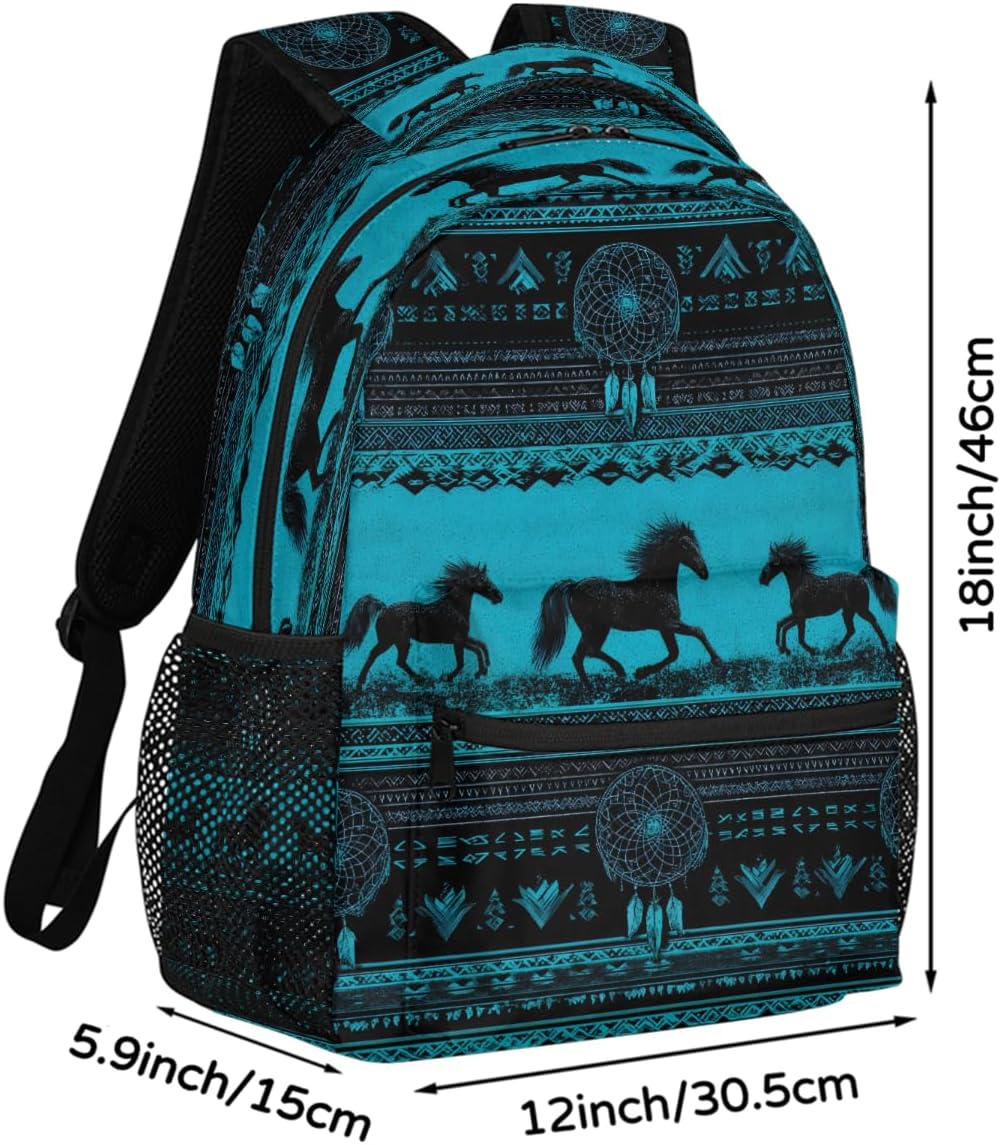 Aztec Horses Turquoise Backpack for School, Laptop Backpack Lightweight Water Resistant Bookbag Casual Daypack for Casual Travel Hiking Camping Outdoor Daypack Shoulder Bag for Boys Girls Kids