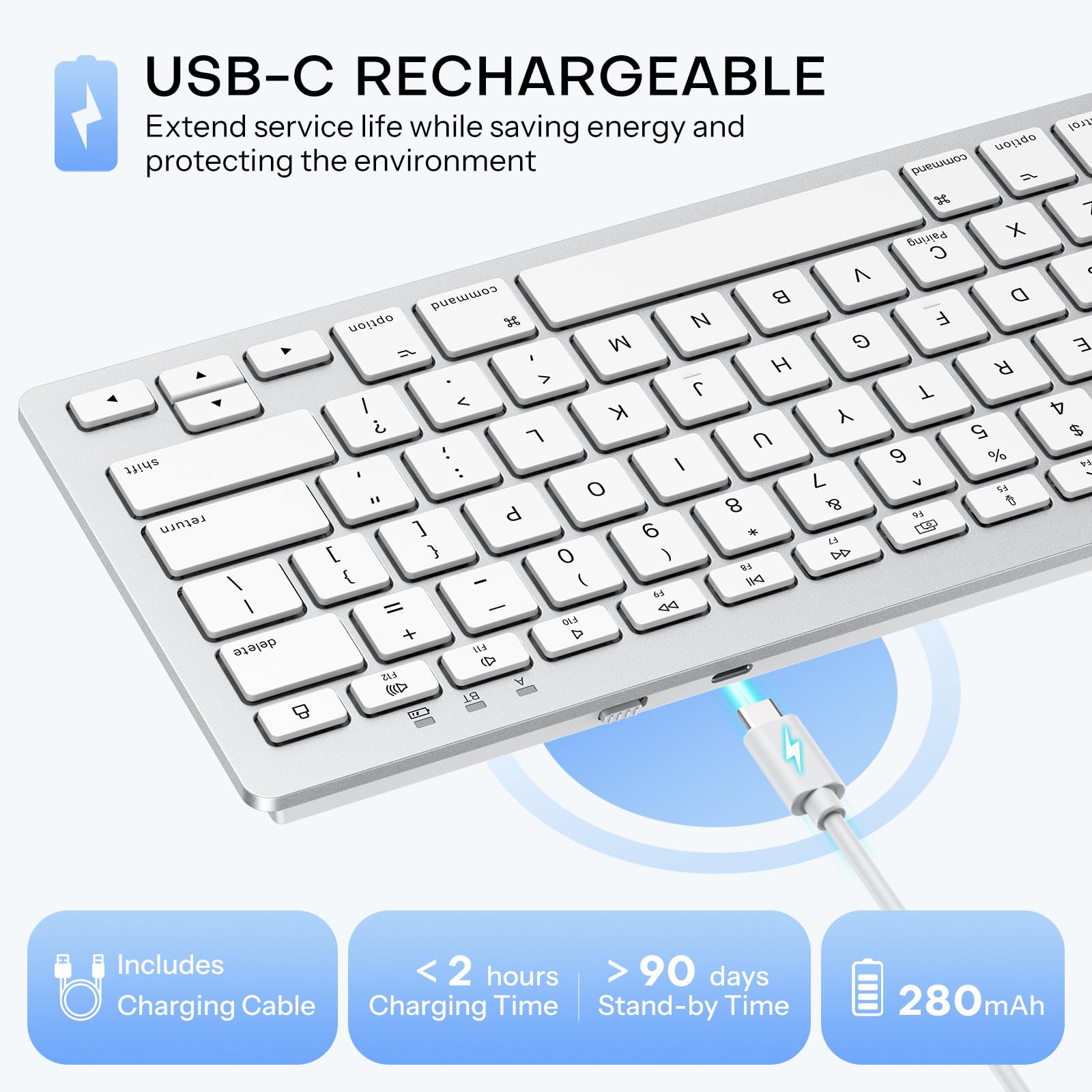 OMOTON Rechargeable Keyboard for Mac, mini Compact Wireless (No Numeric Pad), Stable Bluetooth Connection, Ergonomic Design, Keyboard Compatible with MacBook/iMac/Mac mini - Silverwhite — view 2