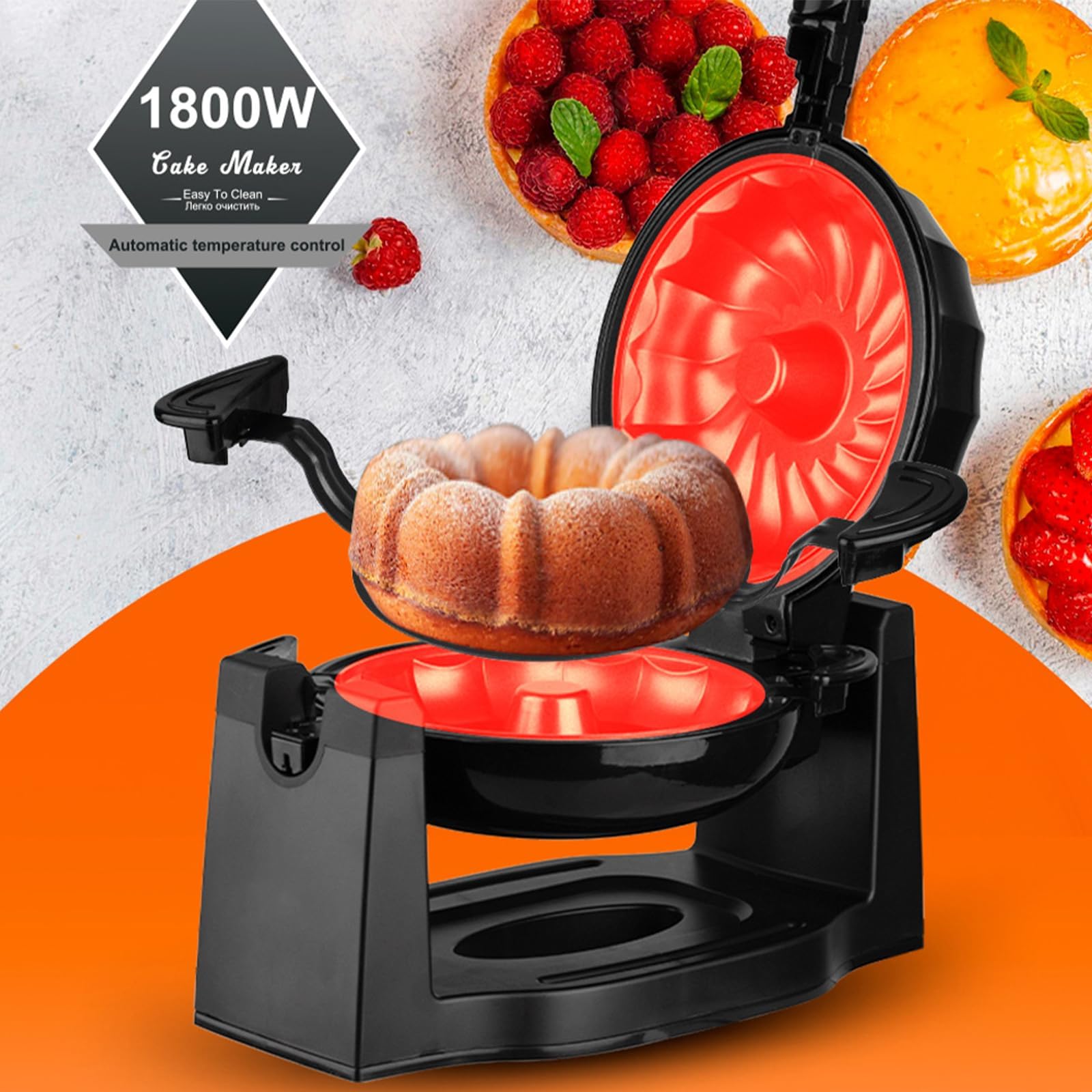 Machine À Gâteau de Lave Rotative Électrique 1800 W, Mini Machine À Gâteau Domestique, Contrôle Automatique de la Température, Chaleur Uniforme, Plaque Antiadhésive, Facile À Nettoyer