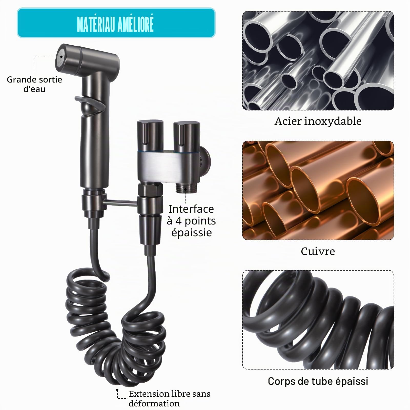 Douchette Wc Kit De Pulvérisateur De Toilette Pour Bidet Douchette à Main Bidet en Acier Inoxydable Avec Tuyau en ABS pour l'Hygiène Personnelle Quotidienne Lavage Animal Domestique (gris)