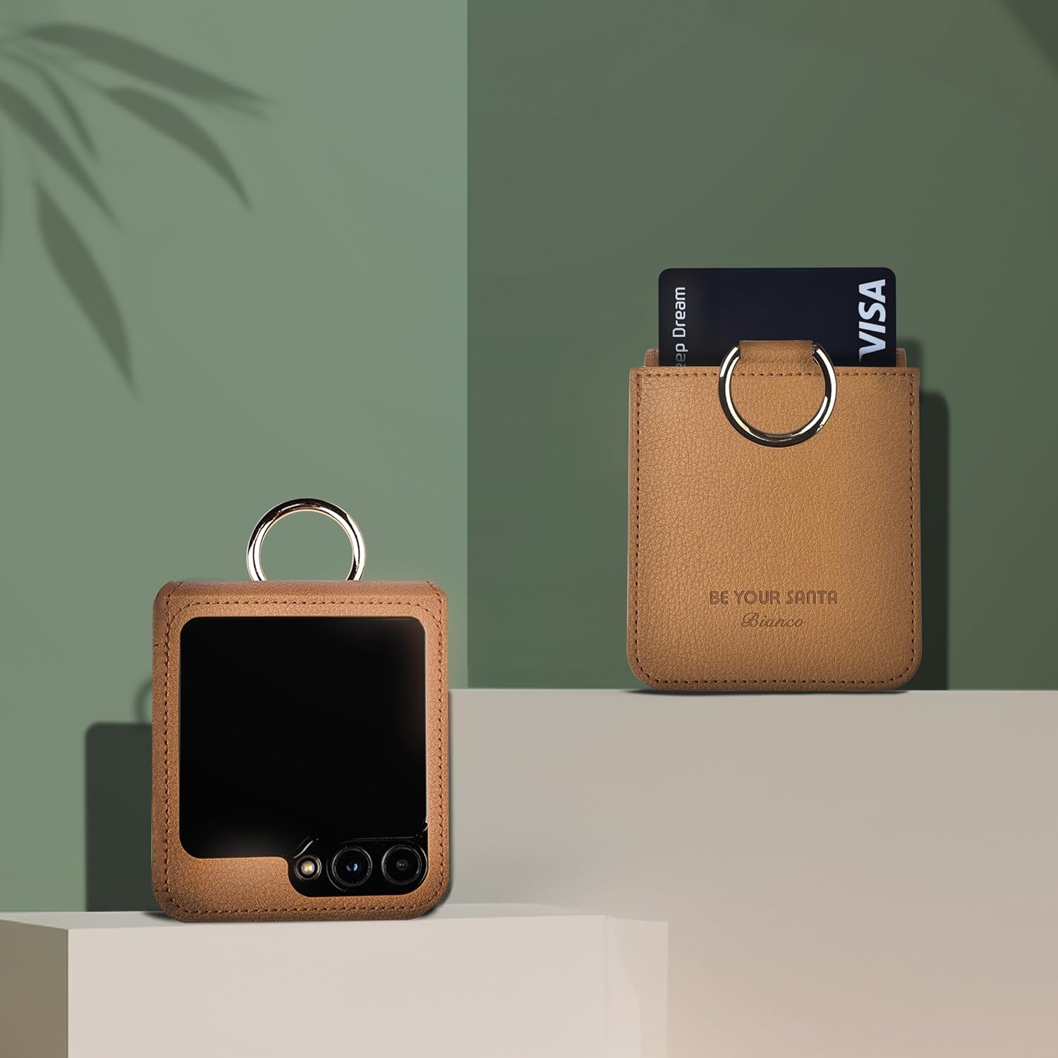 [BeYourSanta] Galaxy Z Flip 5 Case Bosco & Bianco with Card Holder, Camera Cover, and Hinge Protection - Italian Vegan Leather | Ring Holder, Wireless Charging (Saddle Brown, Z Flip5 Bianco)
