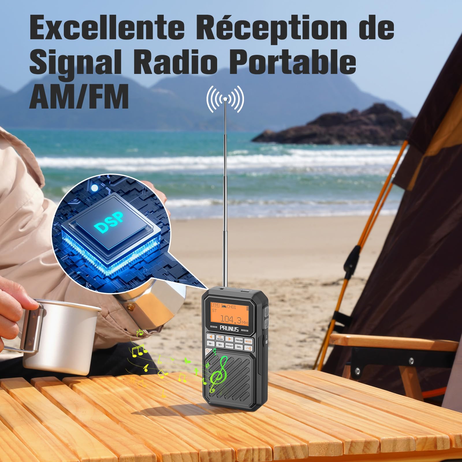 PRUNUS J-525 AM/FM Petite Radio Portable Bluetooth avec Batterie 2500 mAh, Minuterie Sommeil, MP3/TF