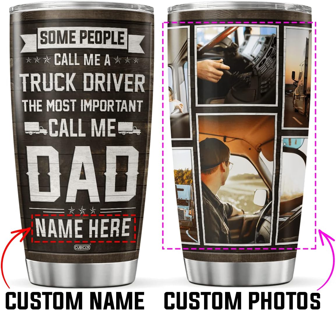 CUBICER Personalized Coffee Tumblers Truck Driver Dad Tea Cup For Men Father Papa Truckers Travel Mugs Quotes Insulated Customized Name Double Wall Mug With Lid Drinking Glass