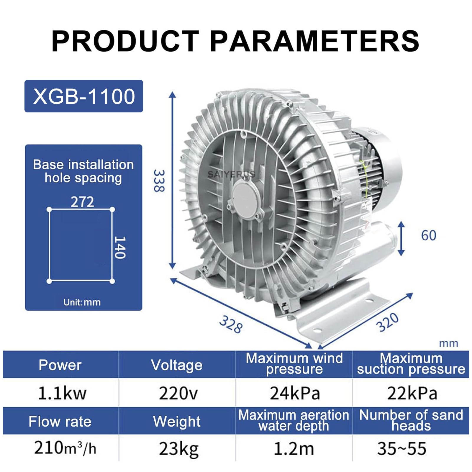 Pompe à air haute pression pour aquarium, 180 W-1,5 kW Vortex pour aquarium, pompe à oxygène pour bassin d'aquaculture, utilisation commerciale, dépoussiérage efficace