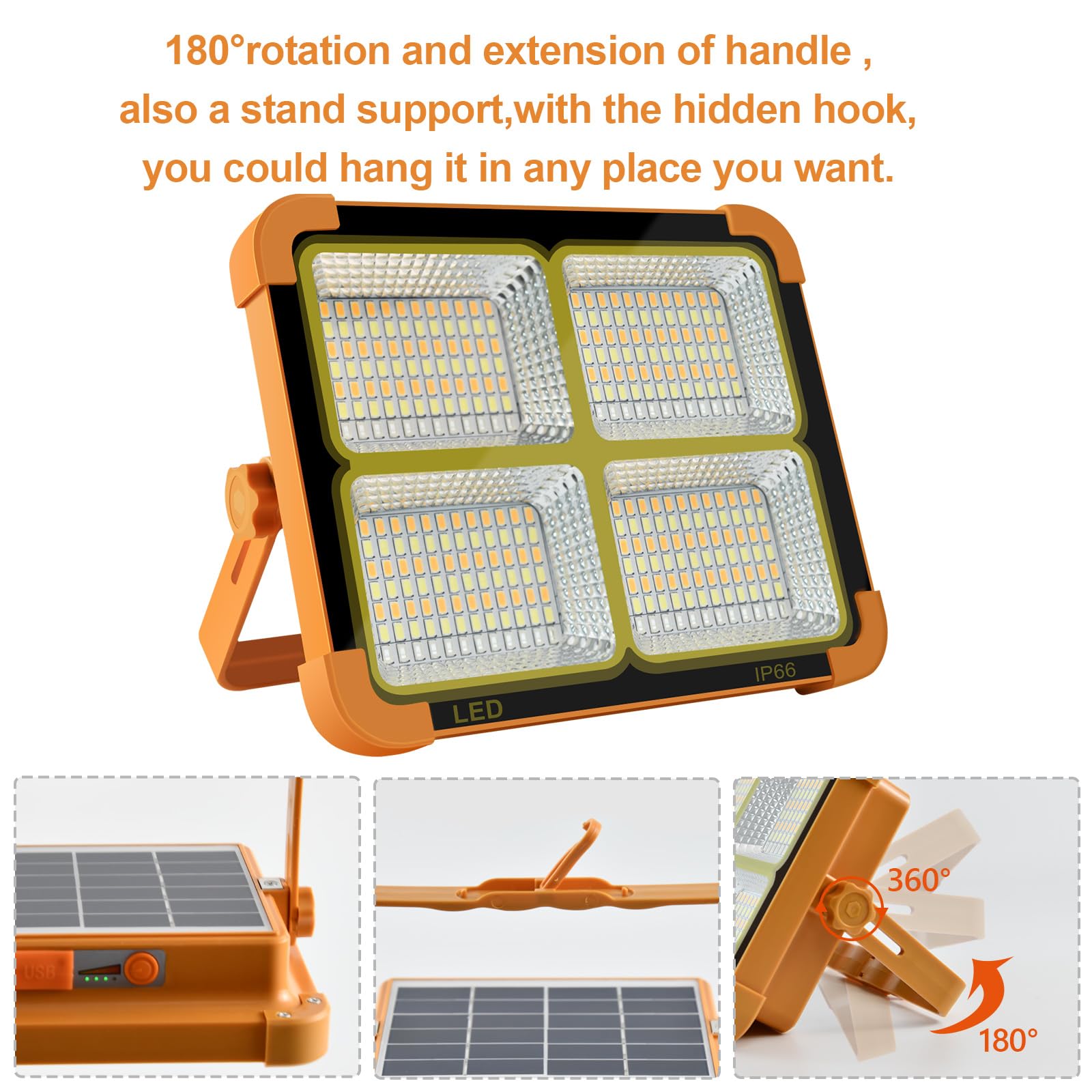 Luz solar LED portátil de trabajo de 100 W, 16500 mAh, 10000 lm, con brillo continuo, batería recargable para el lugar de trabajo, luz de emergencia para huracanes (naranja (remoto))