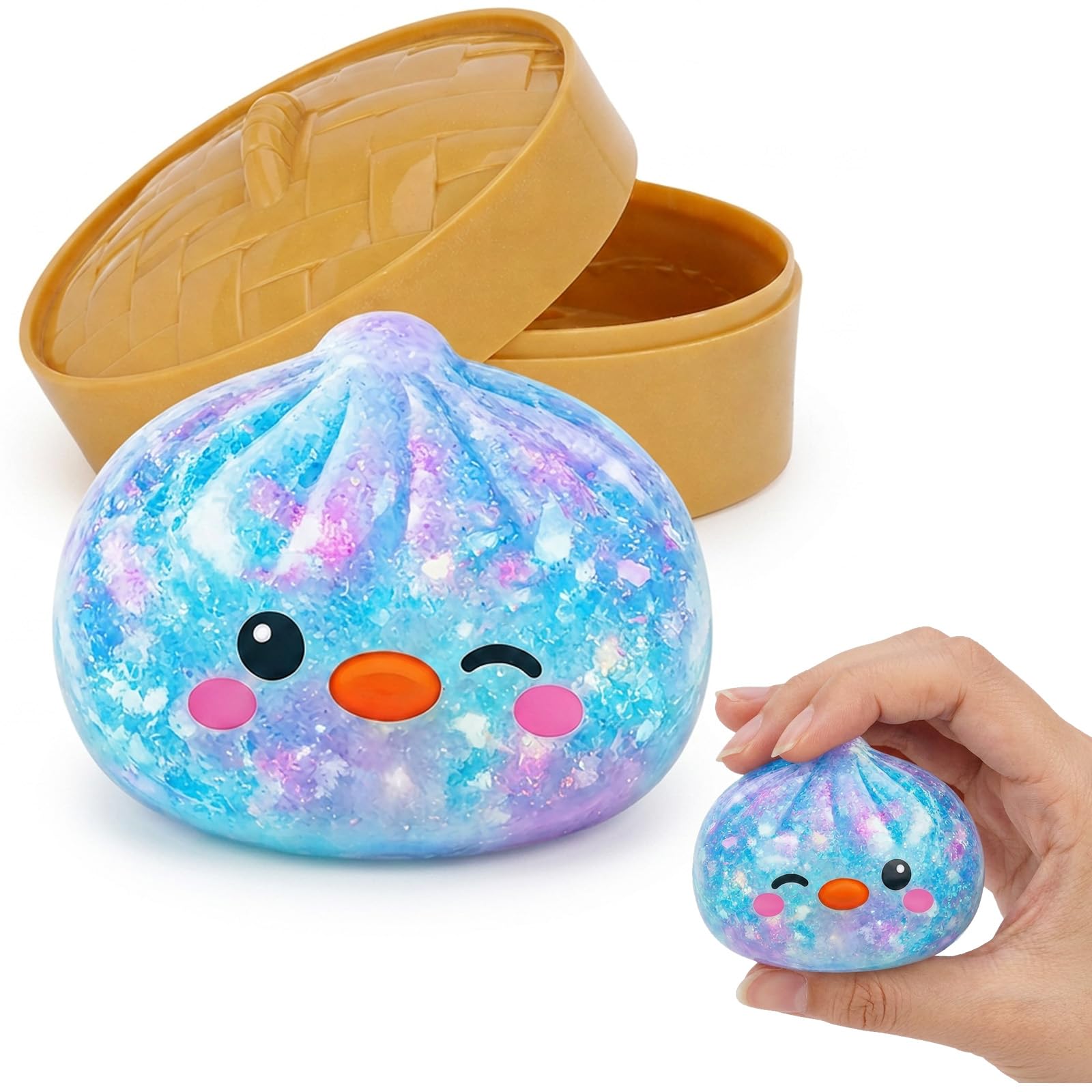 suction Dumpling Squishy, Glitter Dumpling Squishy, Decorative Desktop Accessory, Cute Expression Glitter Blue Dumpling with Steamer Basket, Office Decoration