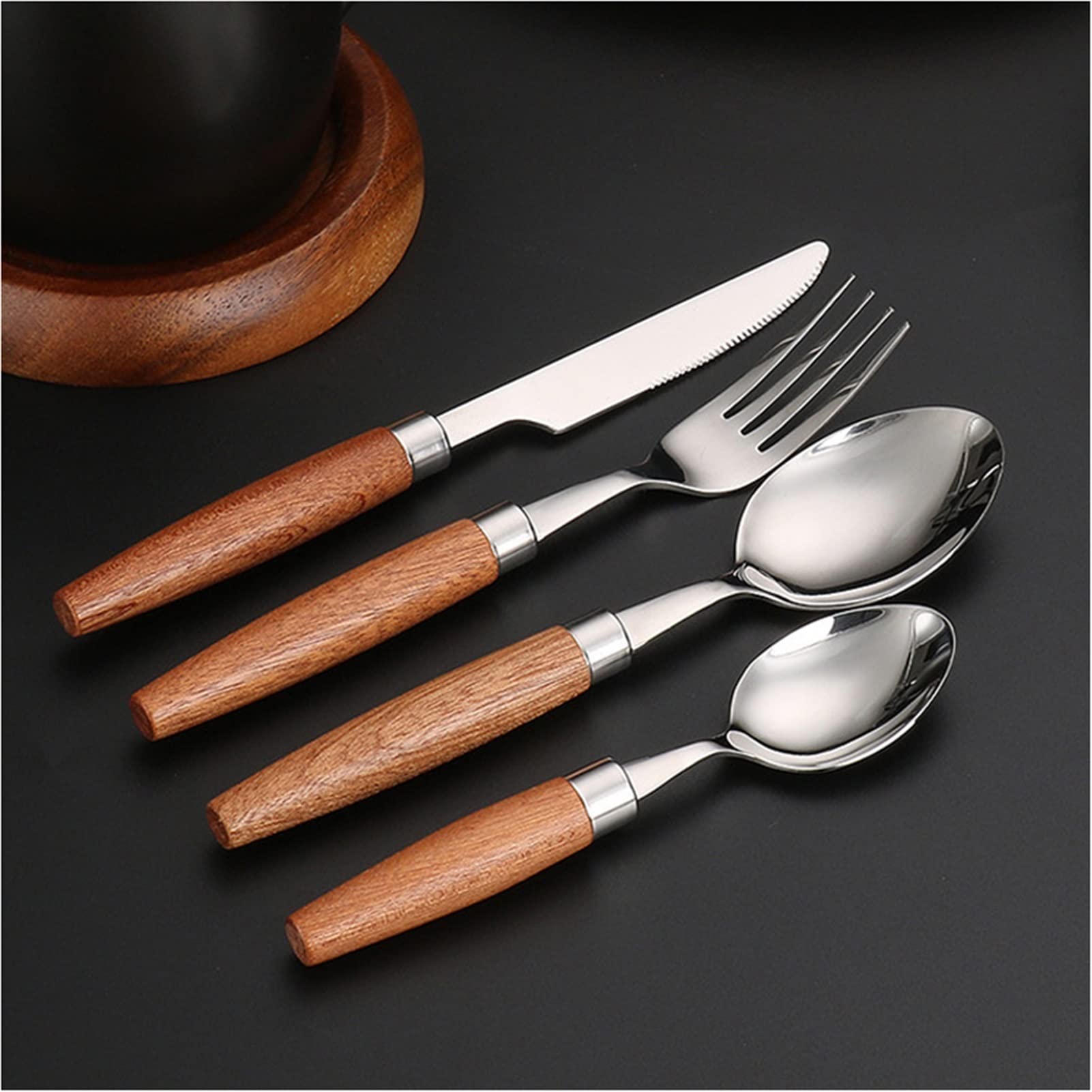 Bestecksets 24-teiliges Besteckset mit natürlichem Holzgriff Geschirrset 18/10 Edelstahl Messer Gabel Löffel Geschirr Besteck Sets Drop Edelstahl (Color : Gold) (Silber)