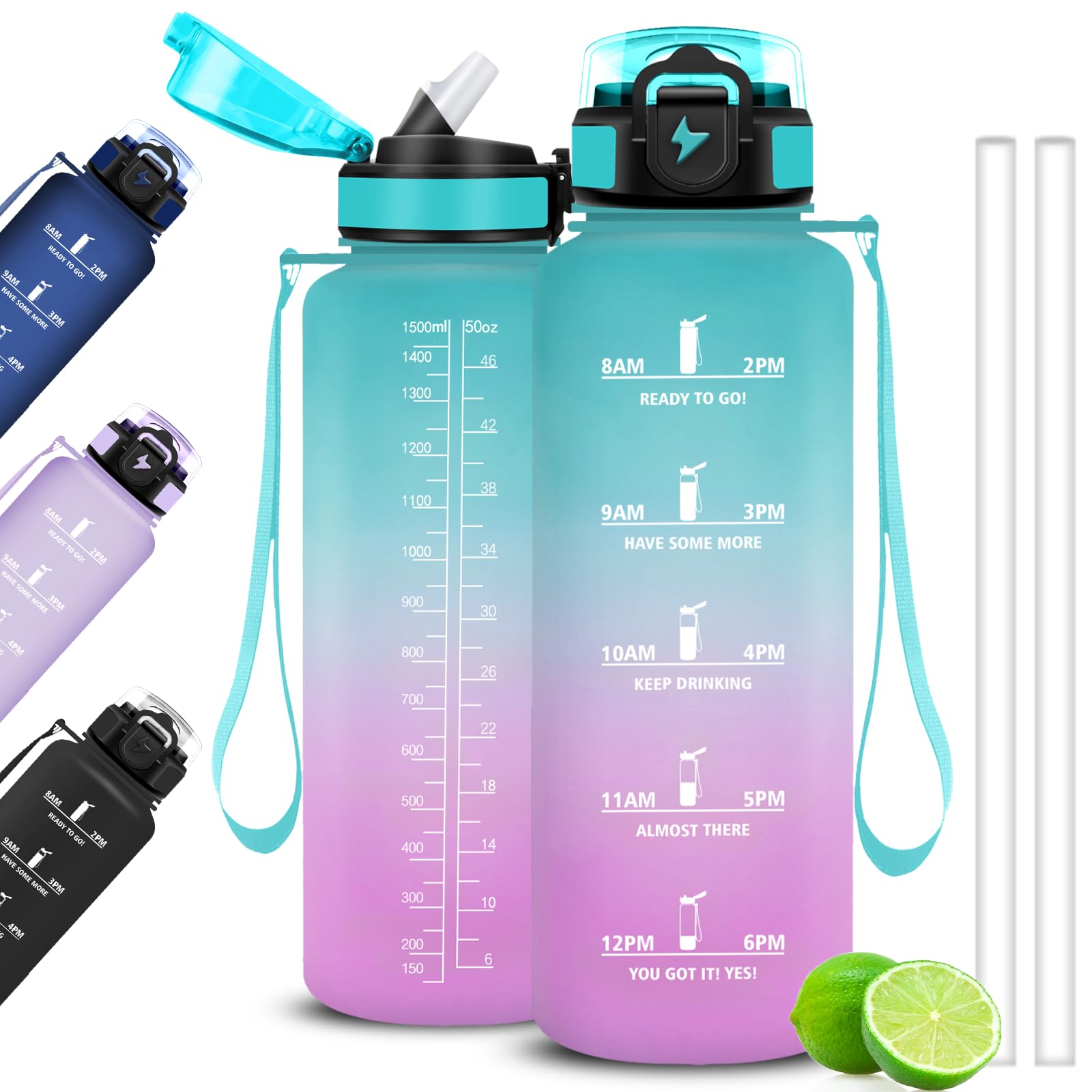 Mujigaga 1.5L Gym Water Bottle with Straw and Drinking Times, Motivational Water Bottles, Leak-proof Water Bottles for Gym, School, Sports, Yoga