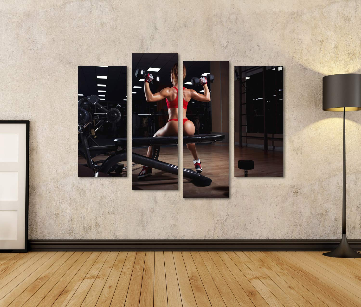 islandburner Quadro su tela giovane donna di fitness in rosso con i muscoli della schiena tagliuzzato facendo manubri pressa spalle in palestra Stampe Arte Poster Murale