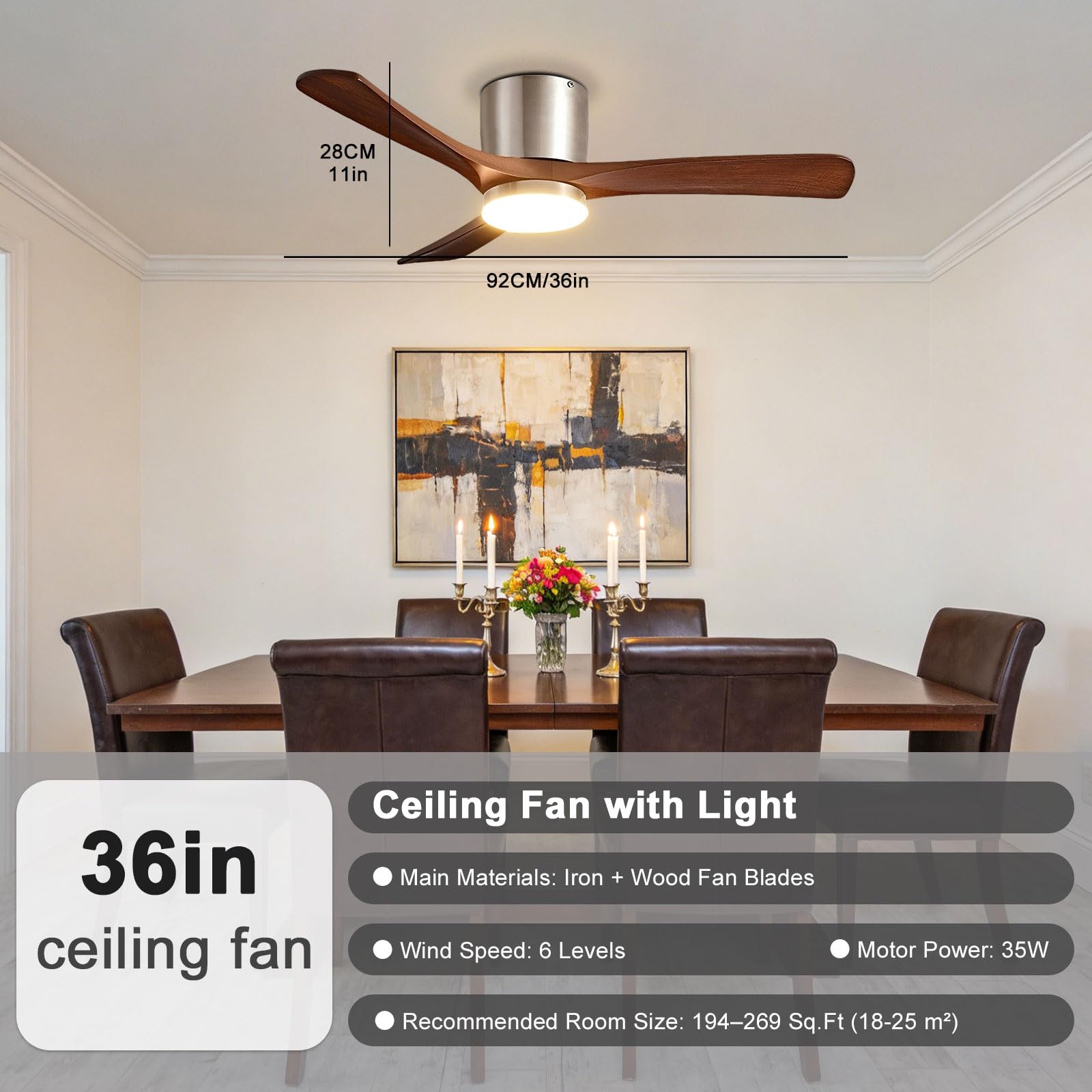 Ventilatore da soffitto in Legno di Noce con Luce, Moderno, Silenzioso, a LED dimmerabile, Ideale per Camera da Letto, Sala da Pranzo e Soggiorno. Telecomando Intelligente/App/Controllo vocale.