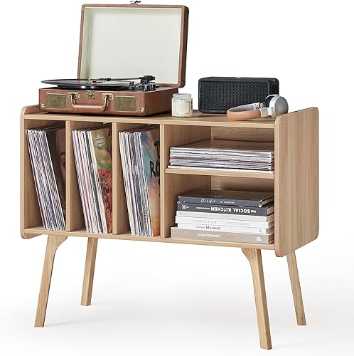 Miniatura 10 de Lerliuo - Soporte para tocadiscos con 4 gabinetes que almacena hasta 220 álbumes, mesa grande para tocadiscos con patas de madera de haya, mesa para