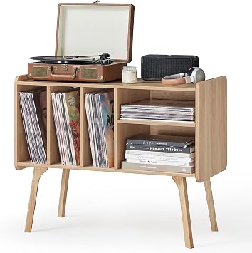 Lerliuo Record Player Stand with 4 Cabinet Holds Up to 220 Albums, Large Stand with Beech Wood Legs, Mid-Century Record Player Table,Burlywood Vinyl Holder Storage Shelf for Living Room