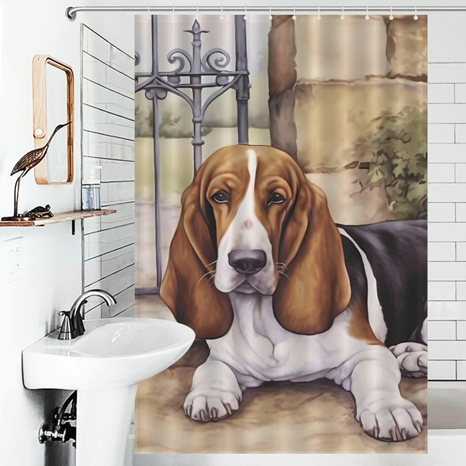 Basset Hound at The Gate Funny Shower Curtains Washable Bath Curtain Liner with Hooks for Bathroom Bath Tubs