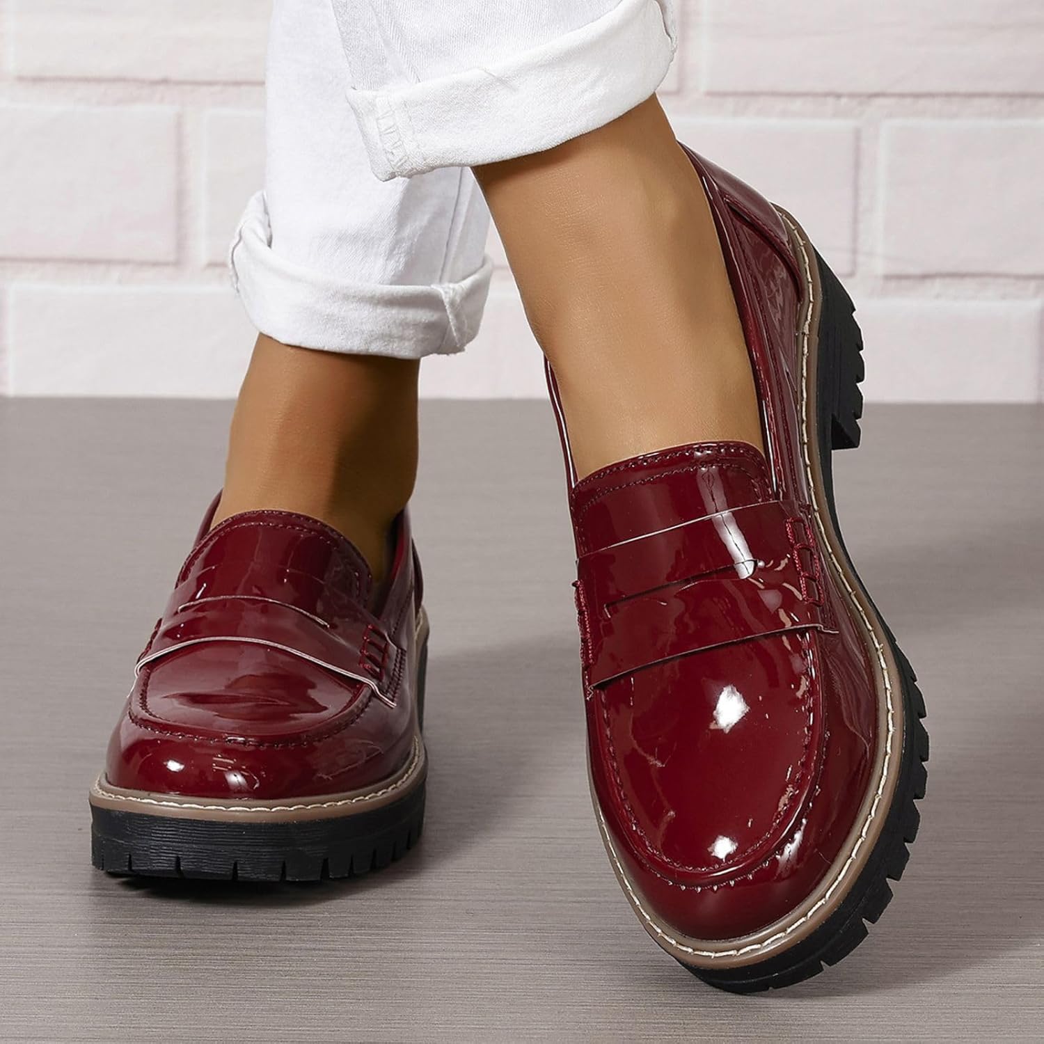 Chunky Heel Penny Loafers for Women Glossy Patent Leather Retro Comfortable Round Toe Anti-Slip Lug Sole Platform Slip On Loafers Casual Work Business Dress Shoes - Image 2