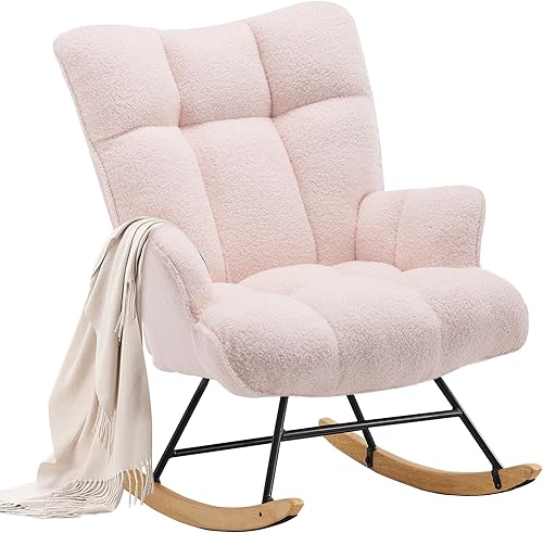 Vista 14 de Mecedora tapizada para cuarto de bebé, mecedora tapizada, mecedora con asiento acolchado con respaldo alto, cómoda silla auxiliar para sala de Blanco