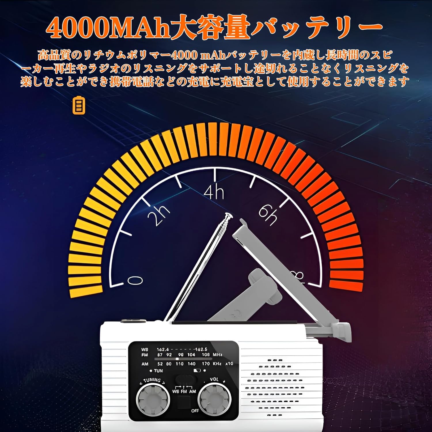 [Luvian]ハンドクランク式 緊急用ラジオ 防災グッズ AM/FM/NOAA受信可能 2000mAh大容量 回転式LEDライト