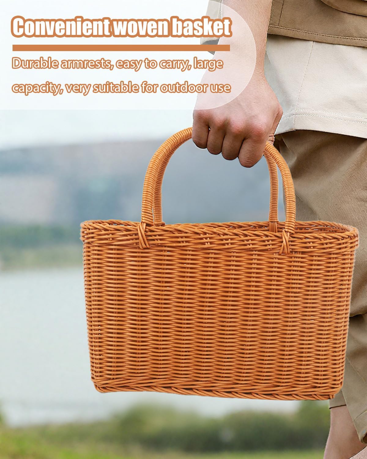 Imitation Woven Picnic Basket, Picnic Basket for Gifts Wicker Basket with Handle for Garden, Fruit, Candy, Wine, Egg Gathering, Wedding, Vegetables
