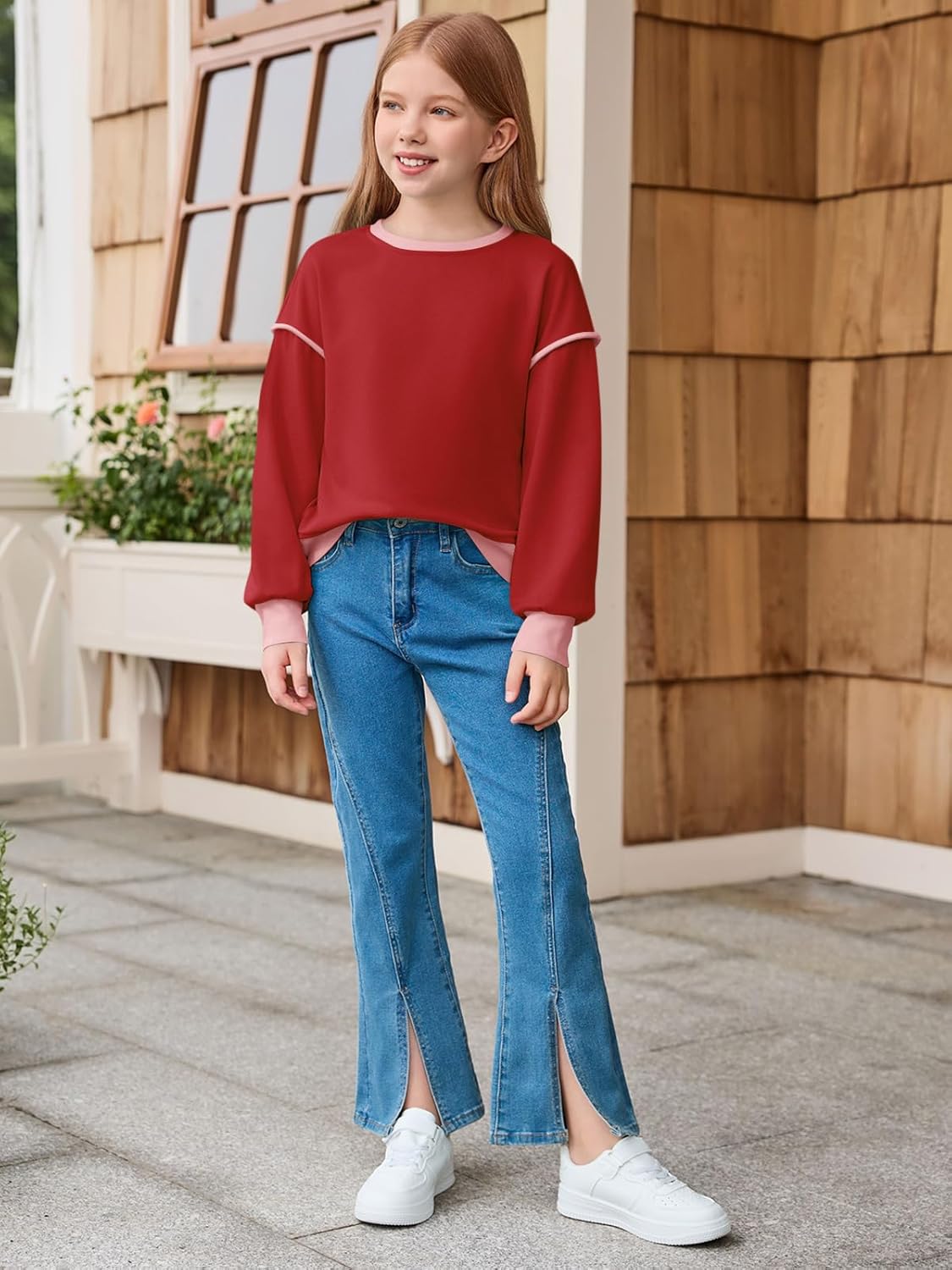 Haloumoning Girls Casual Crewneck Sweatshirts Long Sleeve Color Block Loose Fit Fall Cute Pullover Tops 5-14 Years - Image 5