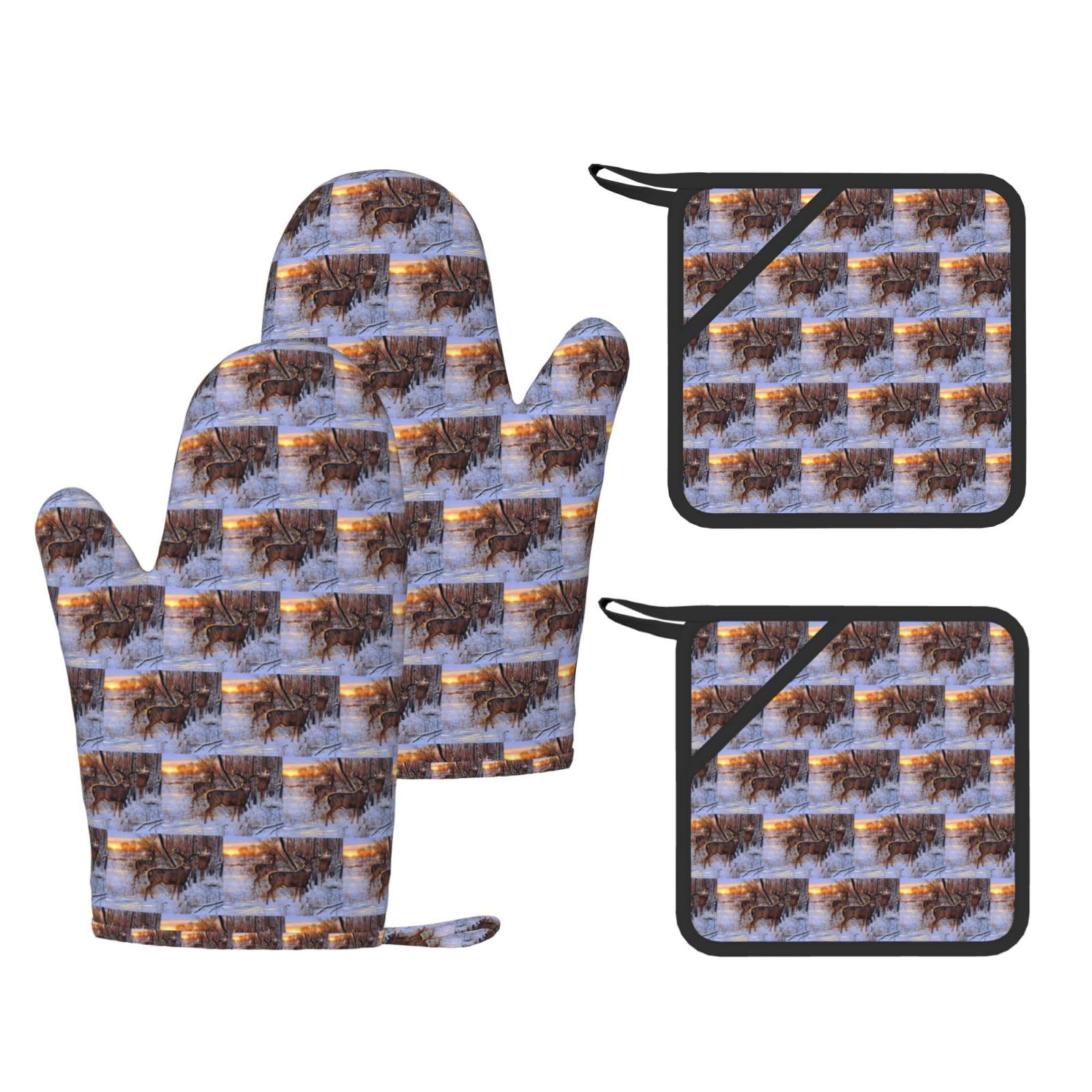 Deers Picture Printed Potholder and Oven Mitt Set of 4, High Heat Resistant Cooking Gloves for BBQ Grilling