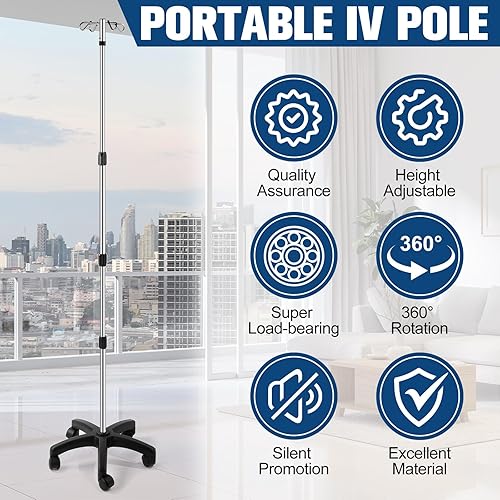 Miniatura 6 de Soporte portátil plegable para poste IV, soporte de poste portátil de 4 ganchos para hospital, clínica, sillas de ruedas, camas, cuidado del hogar