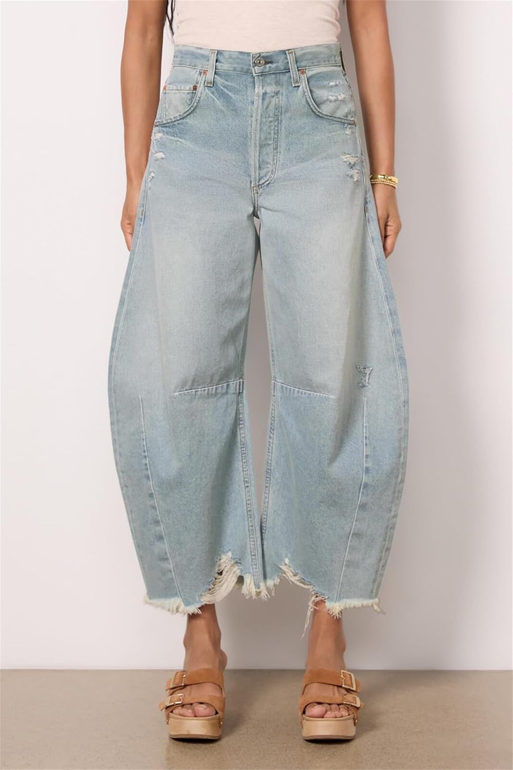 Women's High Waisted Barrel Horseshoe Baggy Jeans Cropped Boyfriend Wide Leg Raw Hem Denim Pants Y2K Loose Balloons Jean