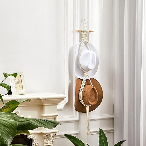 Miniatura 6 de Perchas de macramé para sombreros, estilo bohemio, para colgar sombreros de vaquero, organizador para la parte trasera de la puerta (blanco, estilo