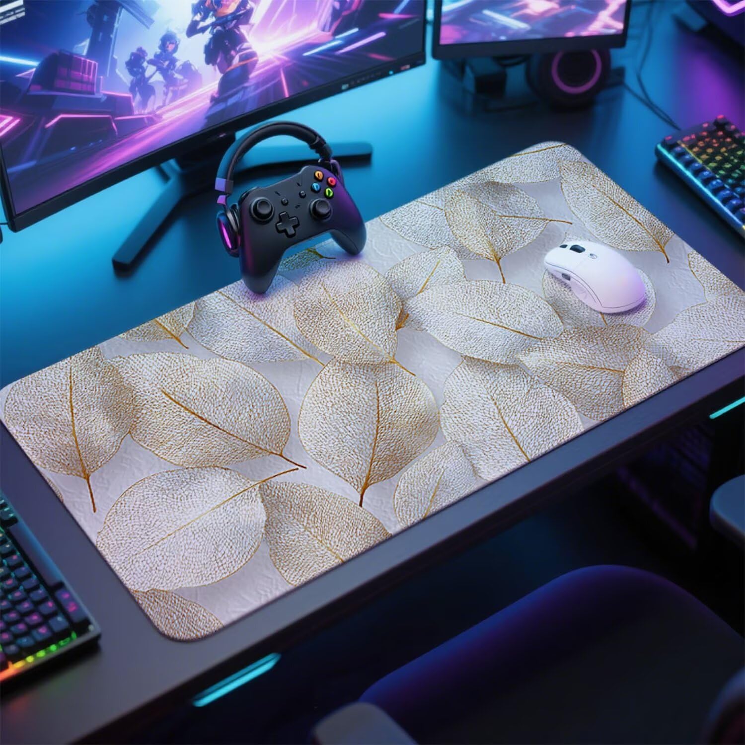 Kremowa podkładka pod mysz XXL 1400 x 600 x 3 mm podkładka pod mysz biurko duża podkładka pod mysz dla graczy liście akcesoria biurko praca laptop klawiatura mysz szyte krawędzie antypoślizgowe w-1728