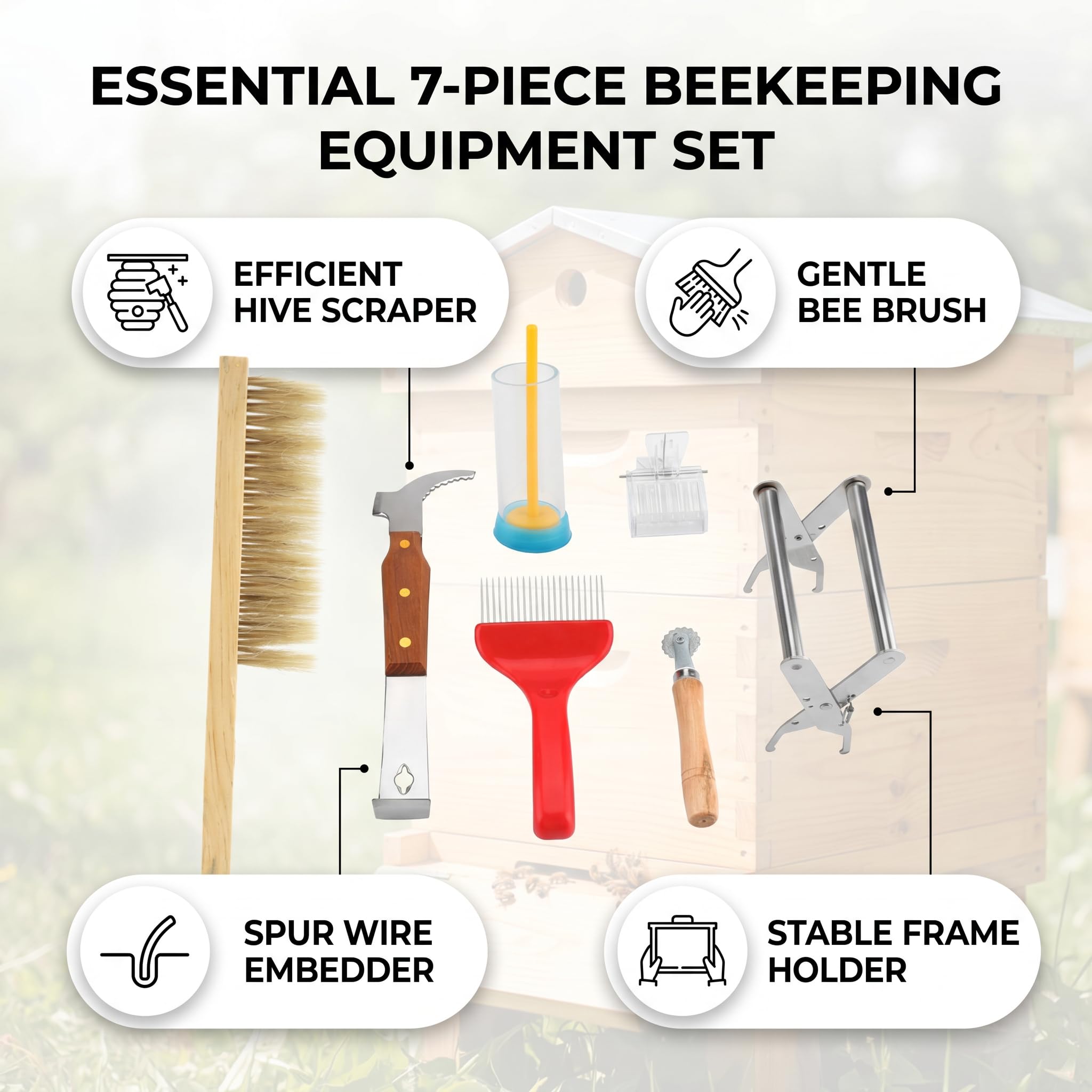 Set di Attrezzi Per Apicoltura 7 Pz, Pennello Ape, Queen Marking Cage, Forca Per Stappare, Queen Catcher, Supporto Cornice Alveare e Apicoltura Accessori, Strumenti Apicoltura Kit Professionale