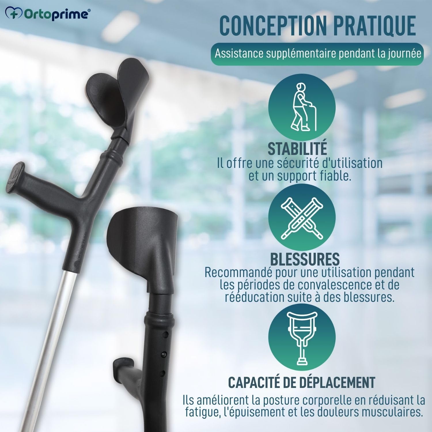 OrtoPrime Béquilles Médicales Adultes en Aluminium Réglable PACK de 2 - Béquilles Orthopédiques avec Embout Antidérapant - Béquilles Anatomiques CONFORT - canne anglaise adulte - Noir.