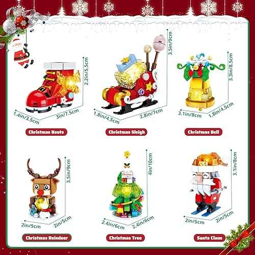 Miniatura 3 de Juego de adornos de Navidad con luz LED, 6 paquetes de botas de árbol de sants de Navidad, gingerbell reno y trineo, juguetes de construcción,