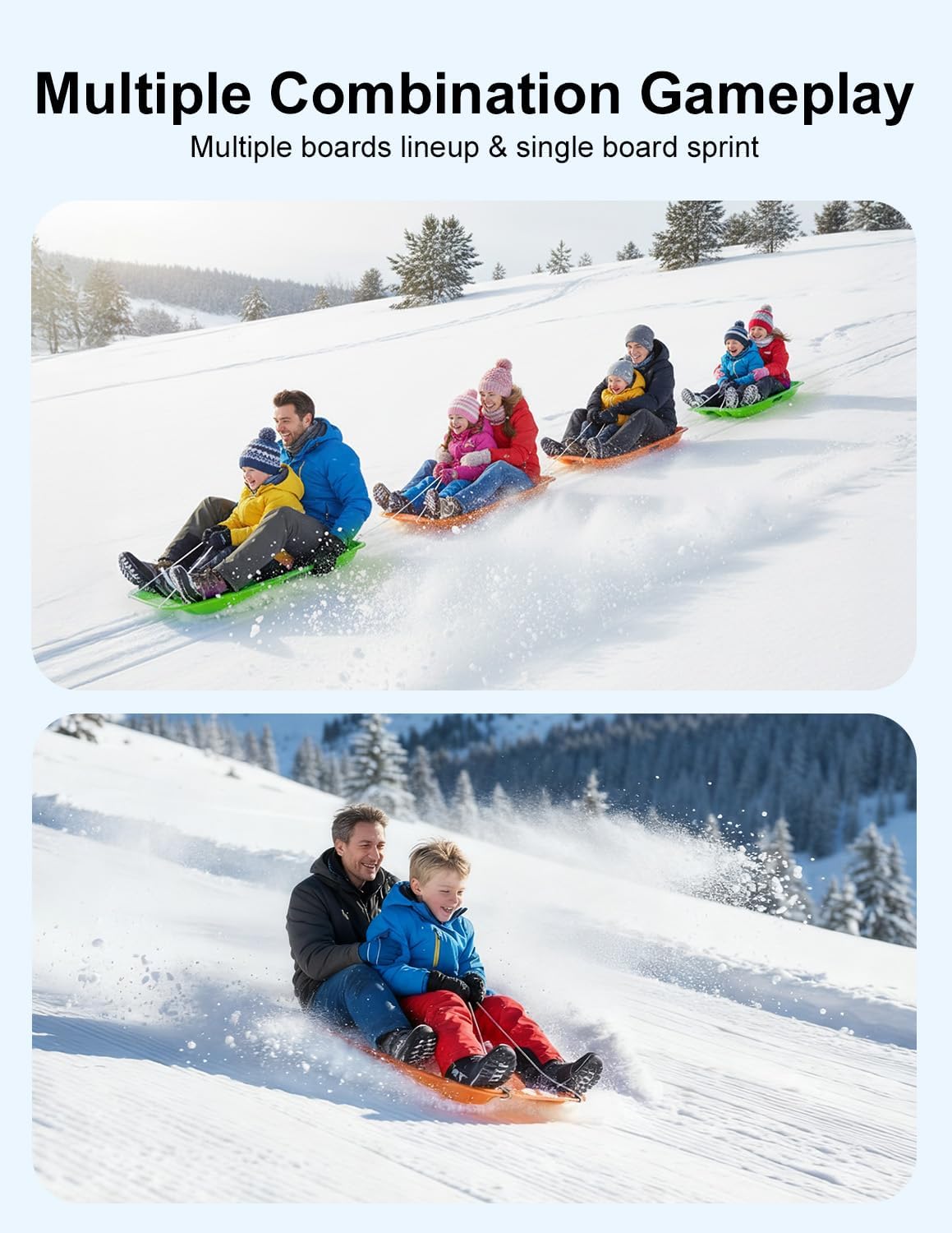 sled, snow sled for kids and adults, racer downhill sprinter snow sled for 1-2 riders with 2 handles and pull rope, utility pull sled, skiing, ice fishing, deer hunting, work cargo, gift, 35” green+orange