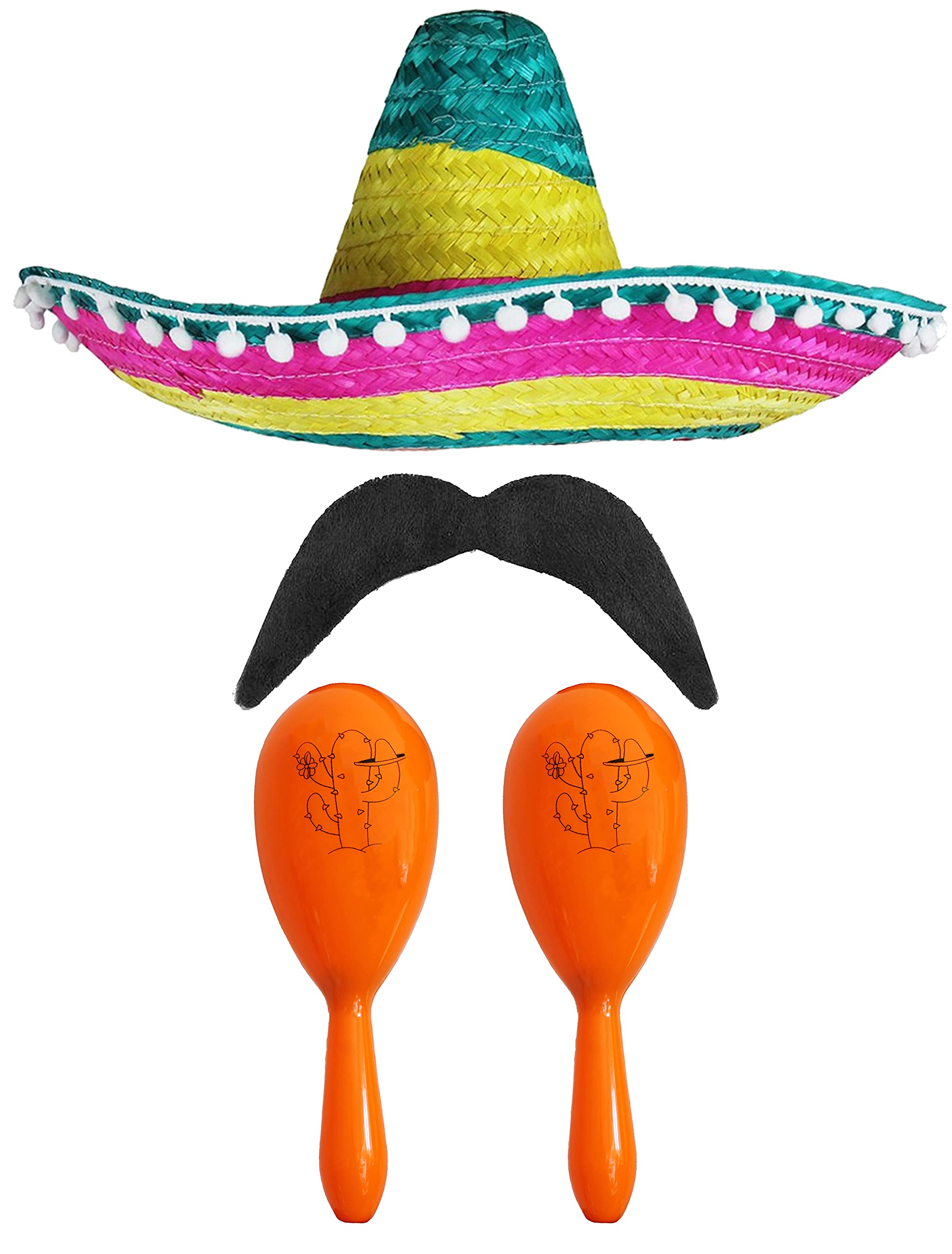 Adults Mexican Accessory Set - Multicoloured Sombrero, Orange Maracas, Moustache - Cinco de Mayo Sensorita Bandit Mariachi Fancy Dress Costume Accessory Set