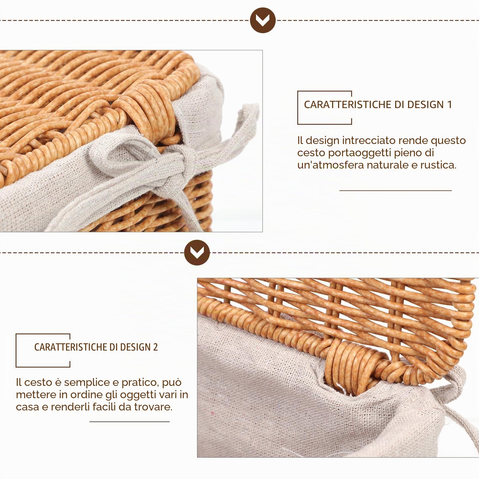 Cesta Porta Oggetti Rettangolare in Rattan con Coperchio | Fodera Interna, Doppio Manico e Formato 32x22x18 Cm, per Cameretta e Armadi