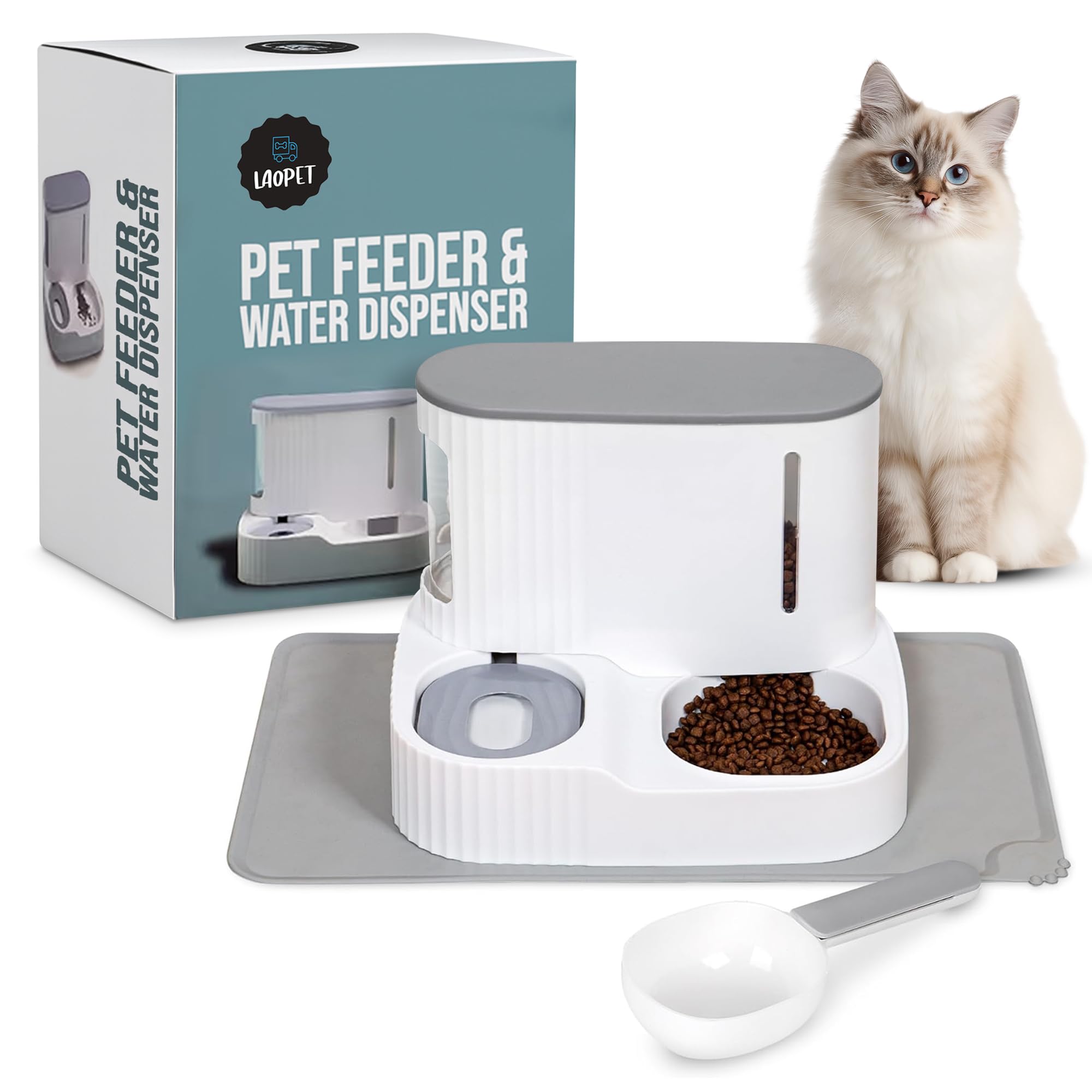 Dispensador de Comida y Agua con Alfombrilla y Cuchara - Bebedero y Comedero Automático por Gravedad para Gatos y Perros, Alimentador de Mascotas con Cuenco y Botella de Agua