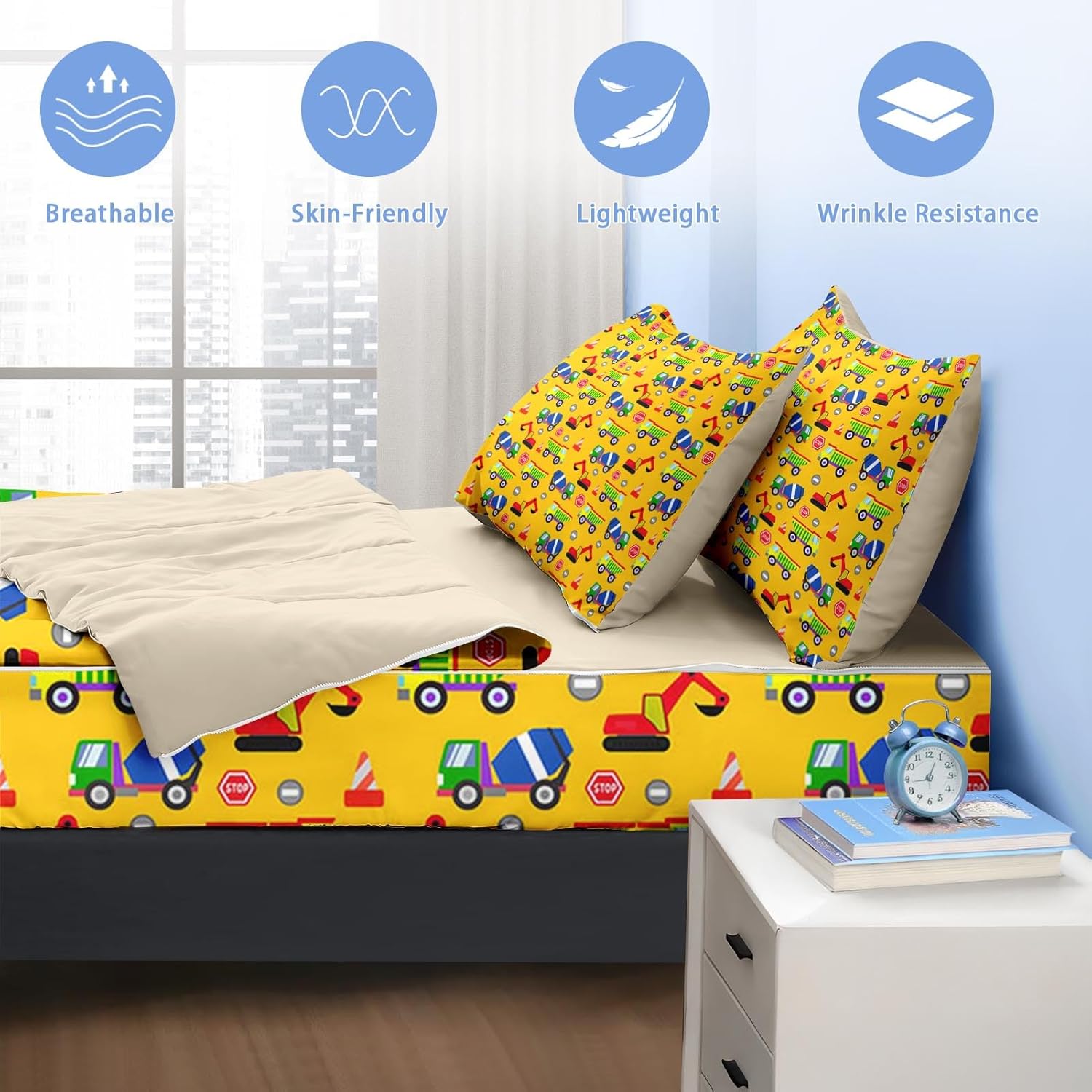 Nesker Zipper Bedding Twin Cartoon Construction Car Zip Up Bedding Set for Boys and Kids, Cute Truck 3 Pcs Comforter Bed in a Bag with Fitted Sheet and 2 Pcs Pillowcases - Image 8