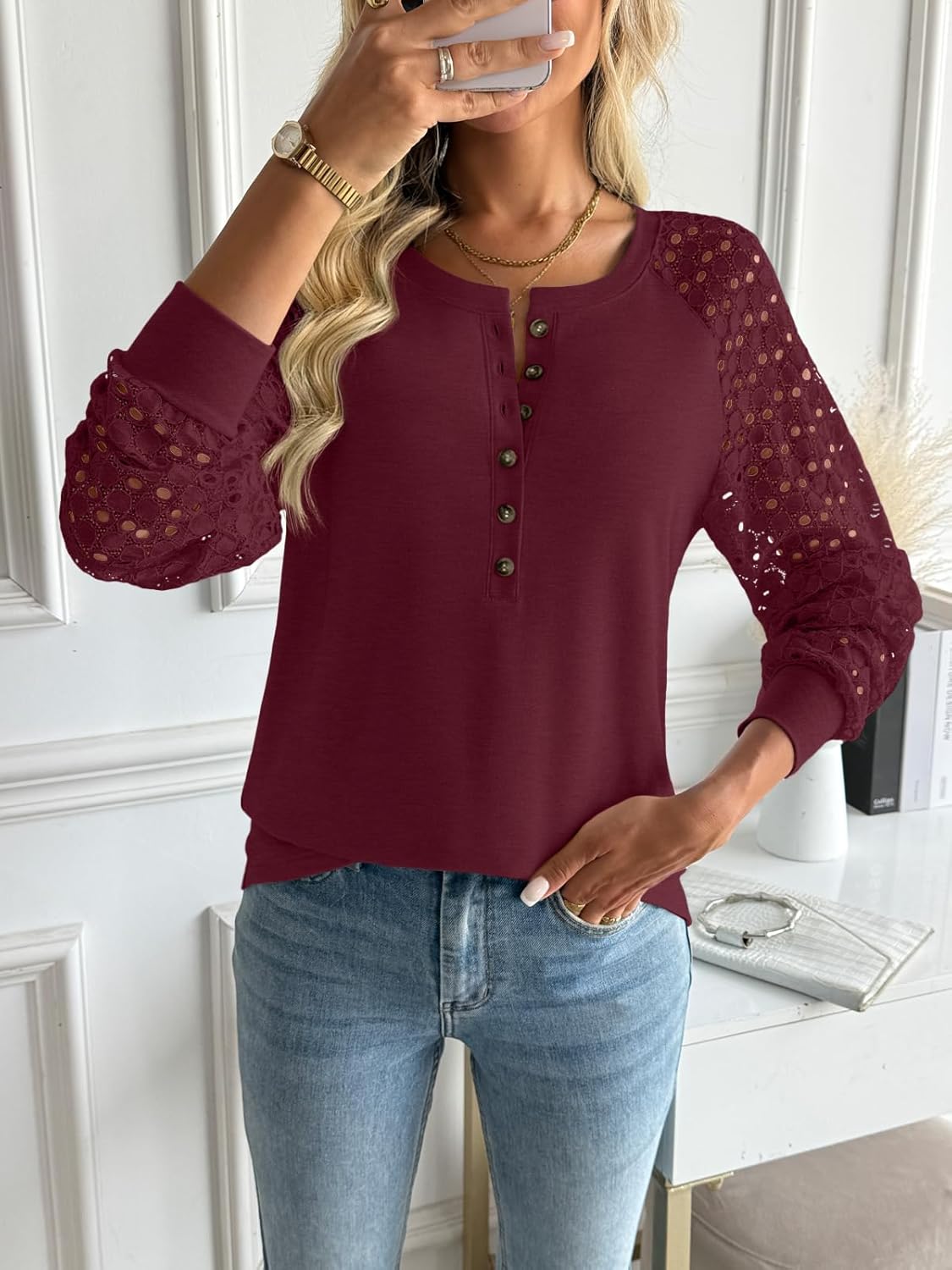 LILLUSORY Womens Lace Long Sleeve Shirts Henley Tops Business Casual Blouses - Image 5